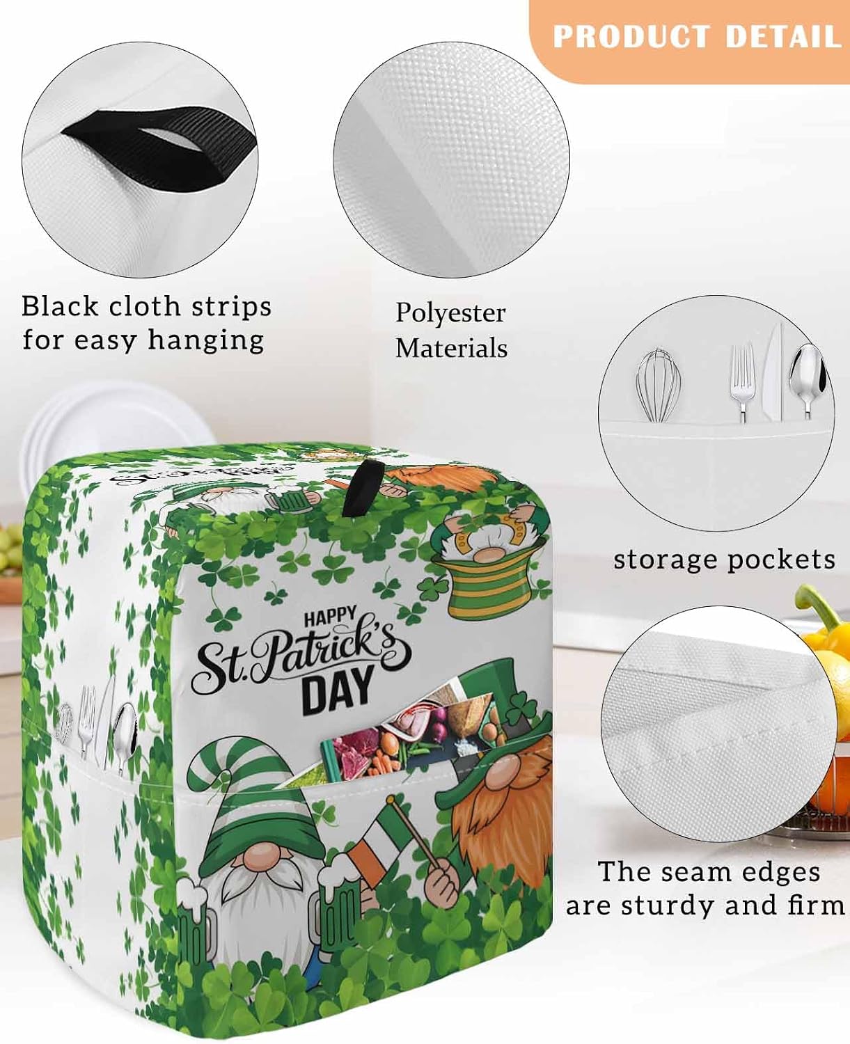 St. Patrick's Day Stand Mixer Cover with Storage Pocket, Waterproof Kitchen Mixer Covers, Spring Green Gnomes Leaves Clovers Kitchen Appliance Dust Cover Compatible with 5-8 Quart Mixers