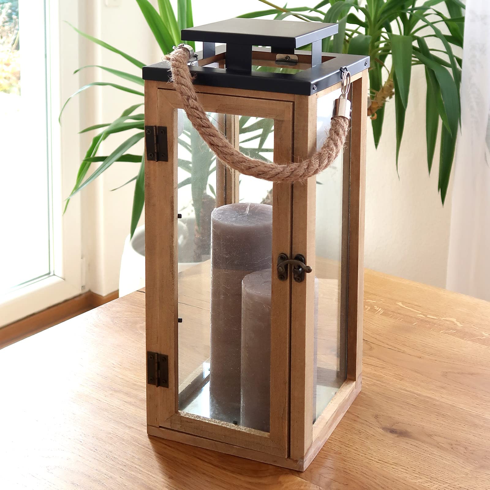 Dekovita 42cm Lanterna di Legno - Fanale da giardino con pannelli di vetro e manico in corda - Lampada Deco