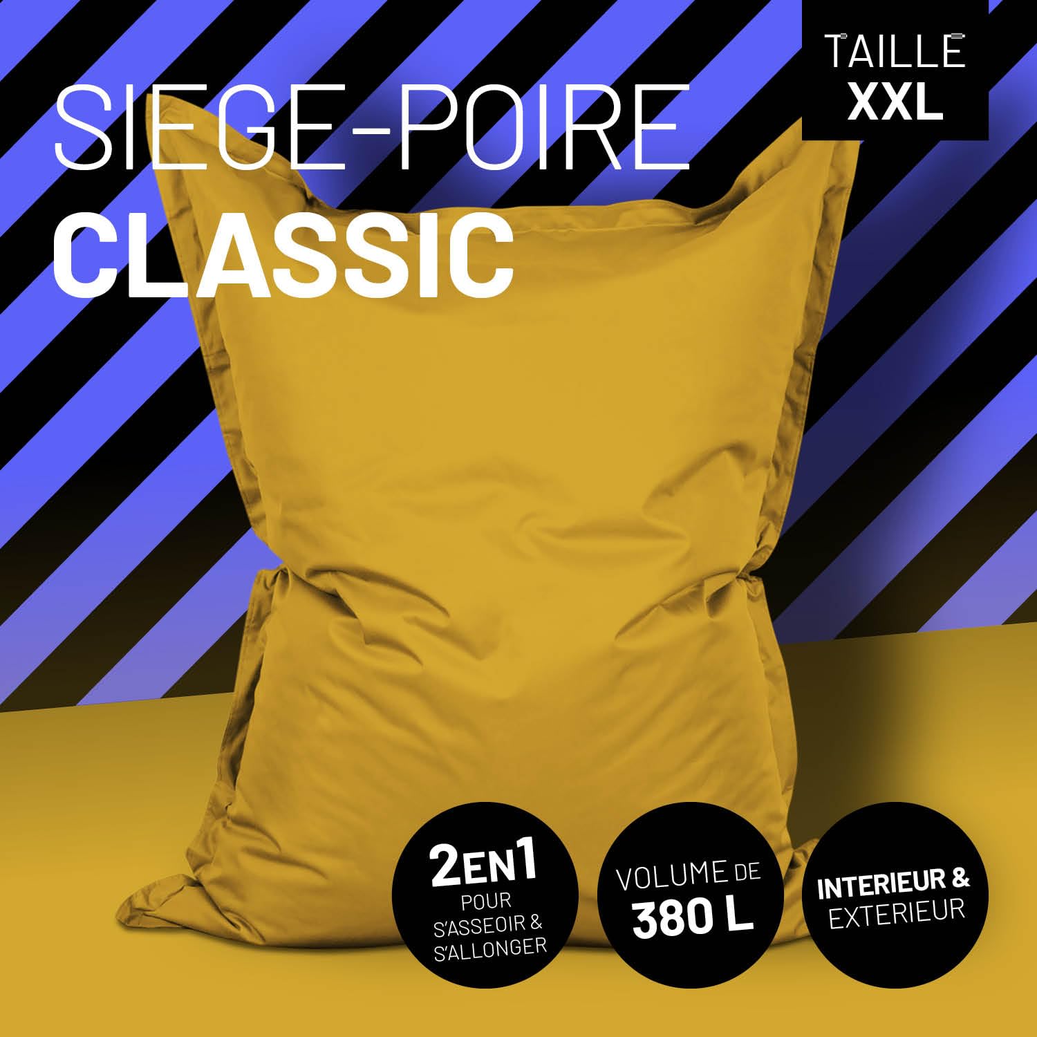 Lumaland Pouf géant XXL 140 x 180 cm - Coussin de couchage imperméable pour l'intérieur et l'extérieur avec plus de 3 millions de perles EPS adaptatives - Bean Bag avec housse lavable - Jaune moutarde