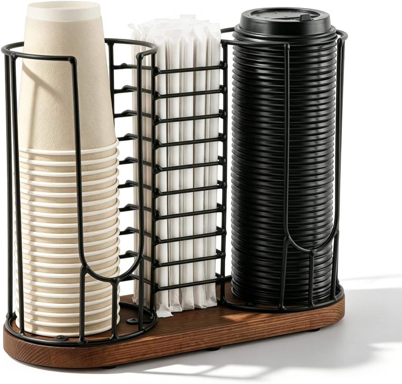 Coffee Cup Holder for Countertop, Disposable Cup and Lid Organizer with Wooden Base, 3 Compartment 18oz Coffees Station Accessories for Coffee Bar, Office Breakroom, Buffet & Home