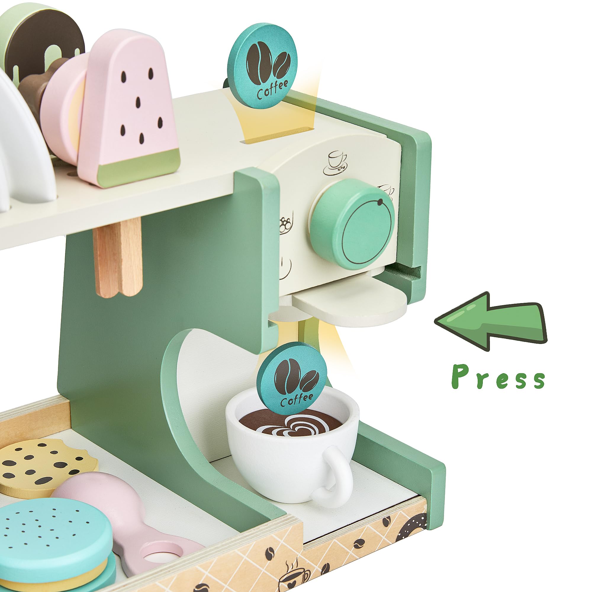 medoga Giocattolo per gelato in legno,contatore per gelato 3in1 con caffettiera,28pz per bambini fingere di giocare accessori da cucina giocattoli in legno per 3 4 5 6 anni ragazza o ragazzo (gelato)