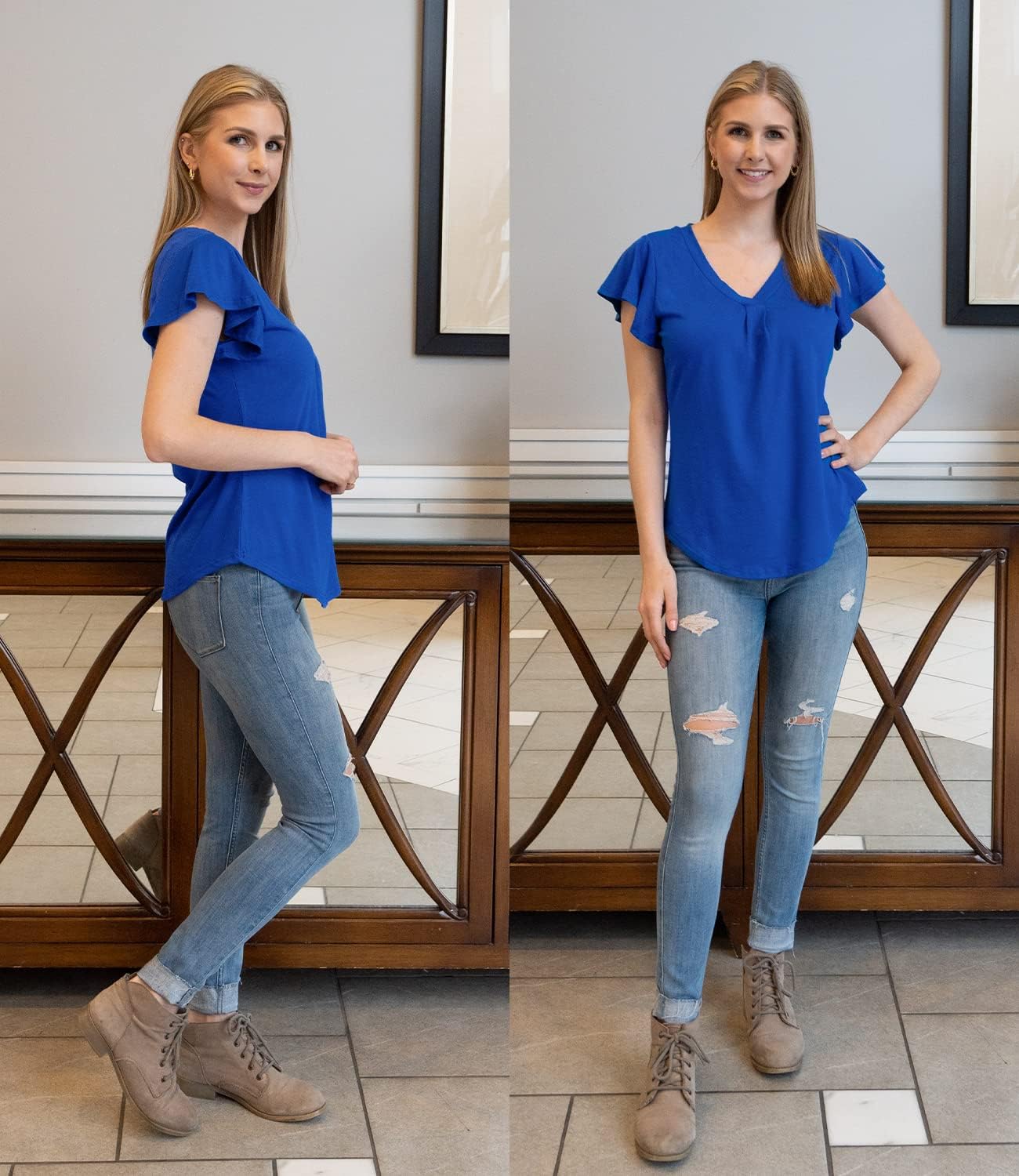 Women's Summer Tops Ruffle Sleeve V Neck Tunic Shirts Business Casual Flowy Blouses for Women - Image 2