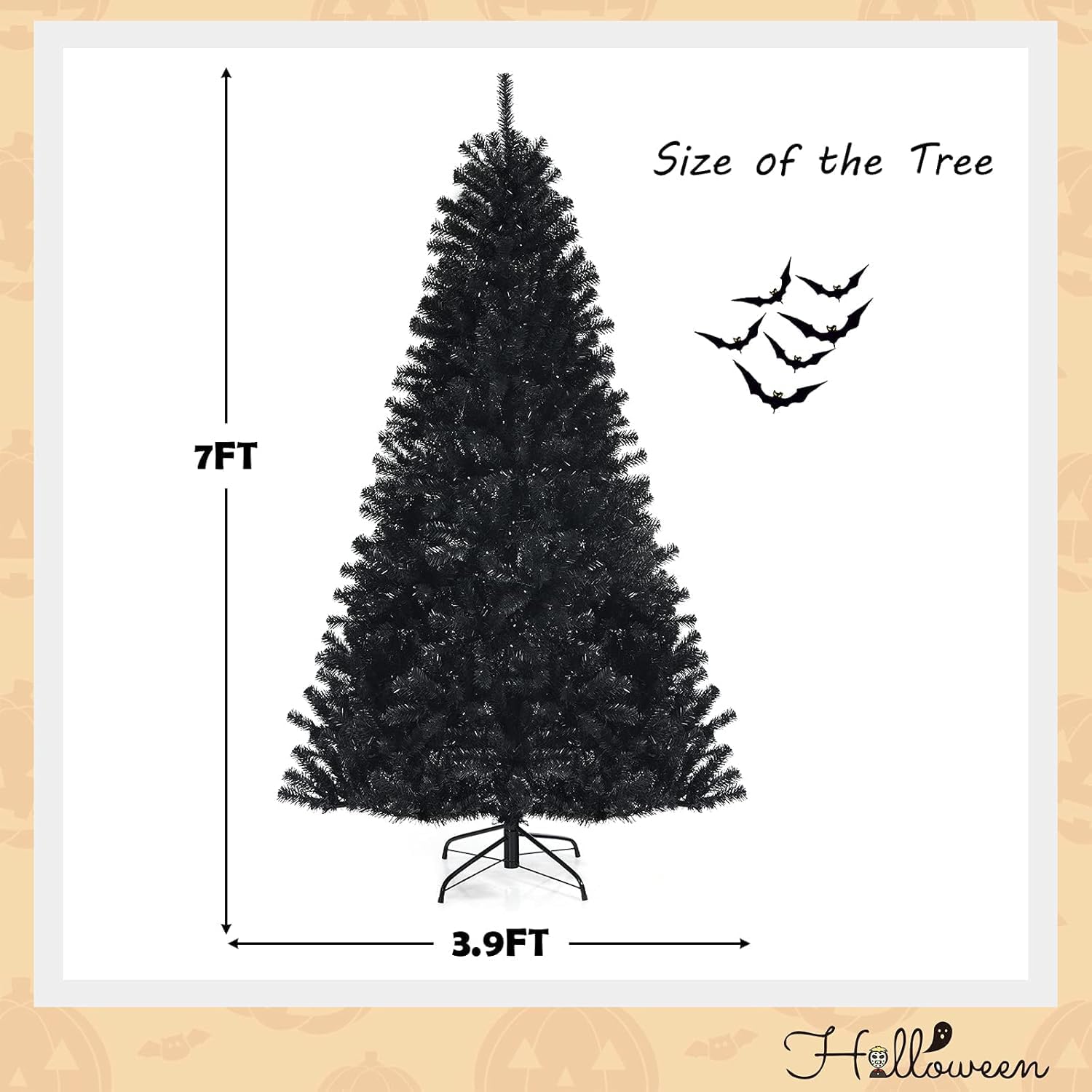 Happygrill 7ft Pre-lit Black Christmas Tree, Artificial Xmas Tree with 500 Purple LED Lights, 1096 Branch Tips & Foldable Metal Stand, Holiday Festival Decoration for Christmas Halloween