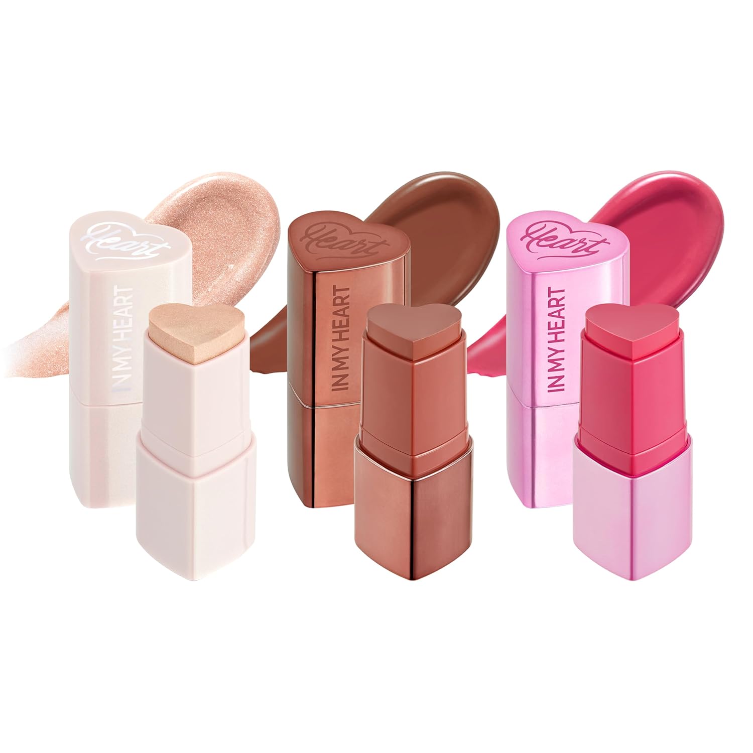 TOUCH IN SOL In My Heart Stick Set (3EA) - Blush, Highlighter & Contour Cream Sticks in #Reddish Brick, #Moonlight Beam, #Punch Pink, K-Beauty (0.21 oz Each, 3EA)