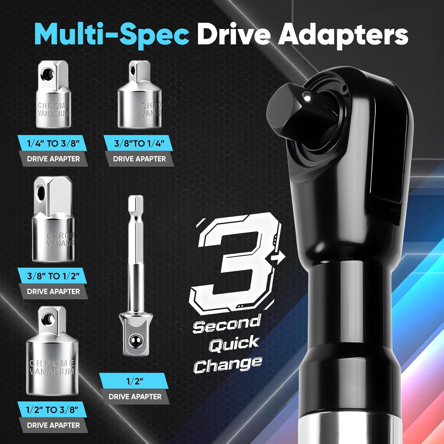 1/2" Offset Extension Wrench with 3/8" & 1/4" Drive Adapters, Right Angle Impact Ratchet Extender for Tight Spaces, Compatible with Electric Ratchet and Drill