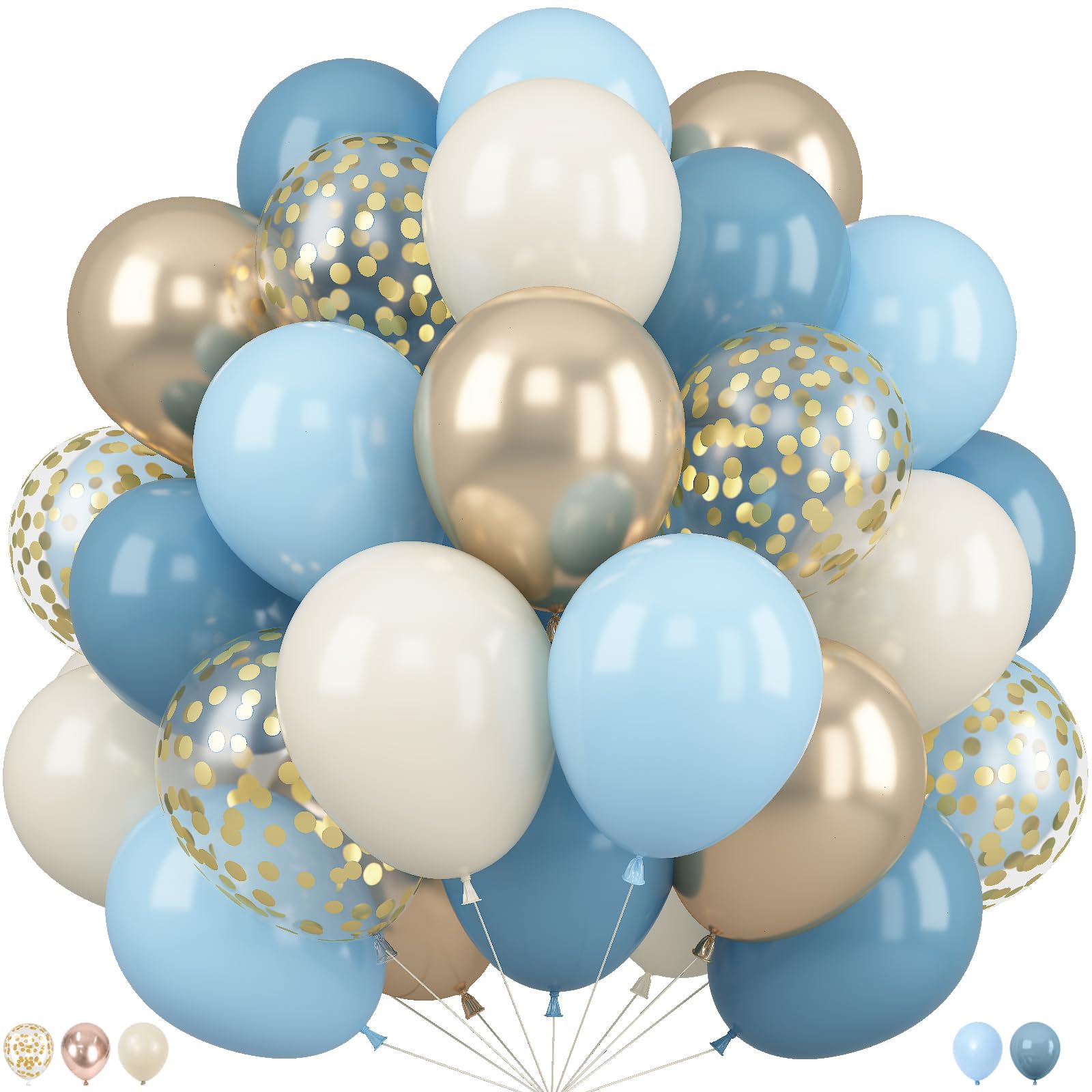 Dusty Blue and Gold Balloons, 50 Pcs 12 Inch Light Blue Champagne Gold Balloons with Ribbon for Baby Boy Shower Bridal Engagement Birthday Wedding Party Decorations