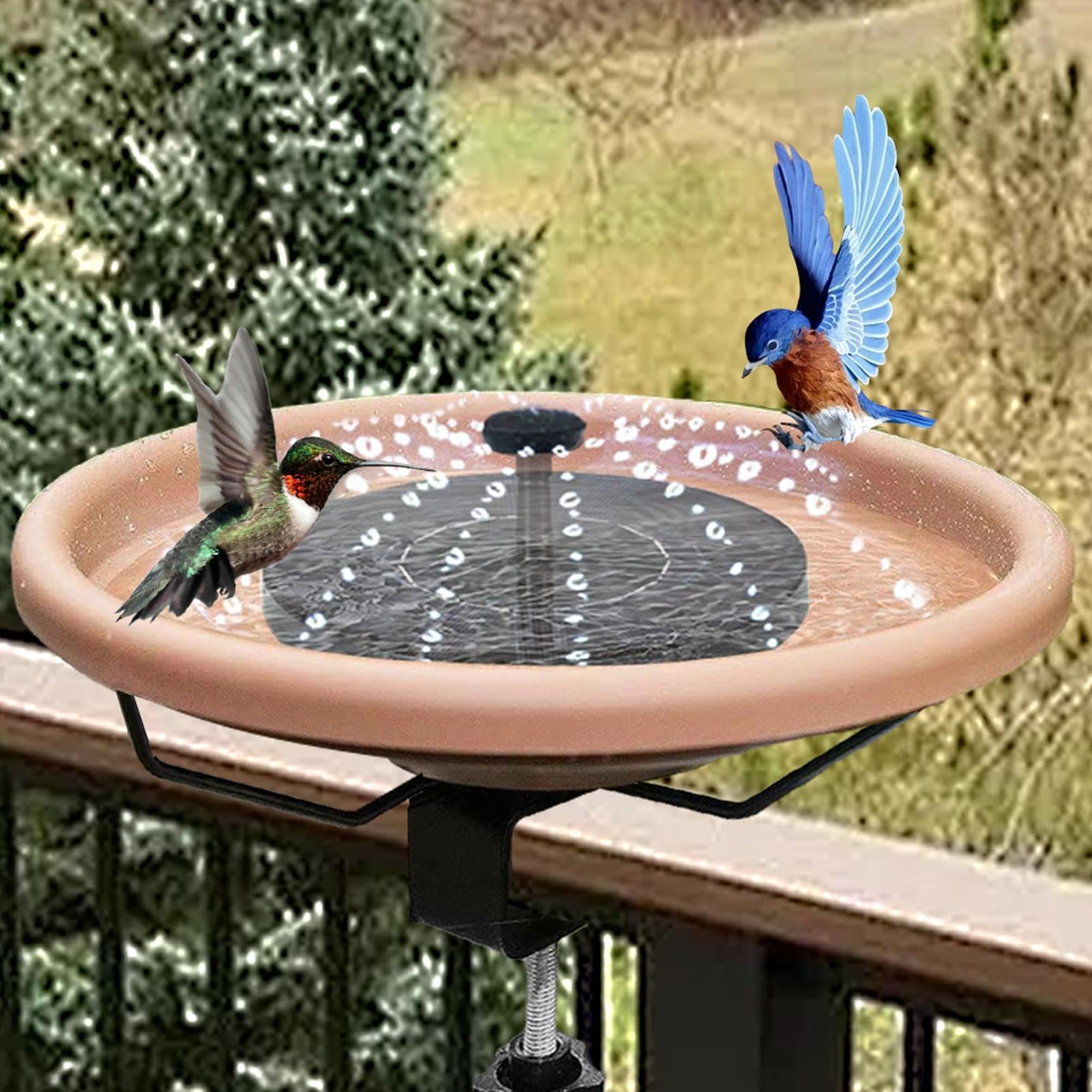 Bol de Bain pour Oiseaux monté sur Le Pont, Fontaine Solaire Amovible pour Bain d'oiseaux et Pince Robuste, mangeoire à Oiseaux montée sur Le Jardin pour Jardin, étang, Piscine, extérieur