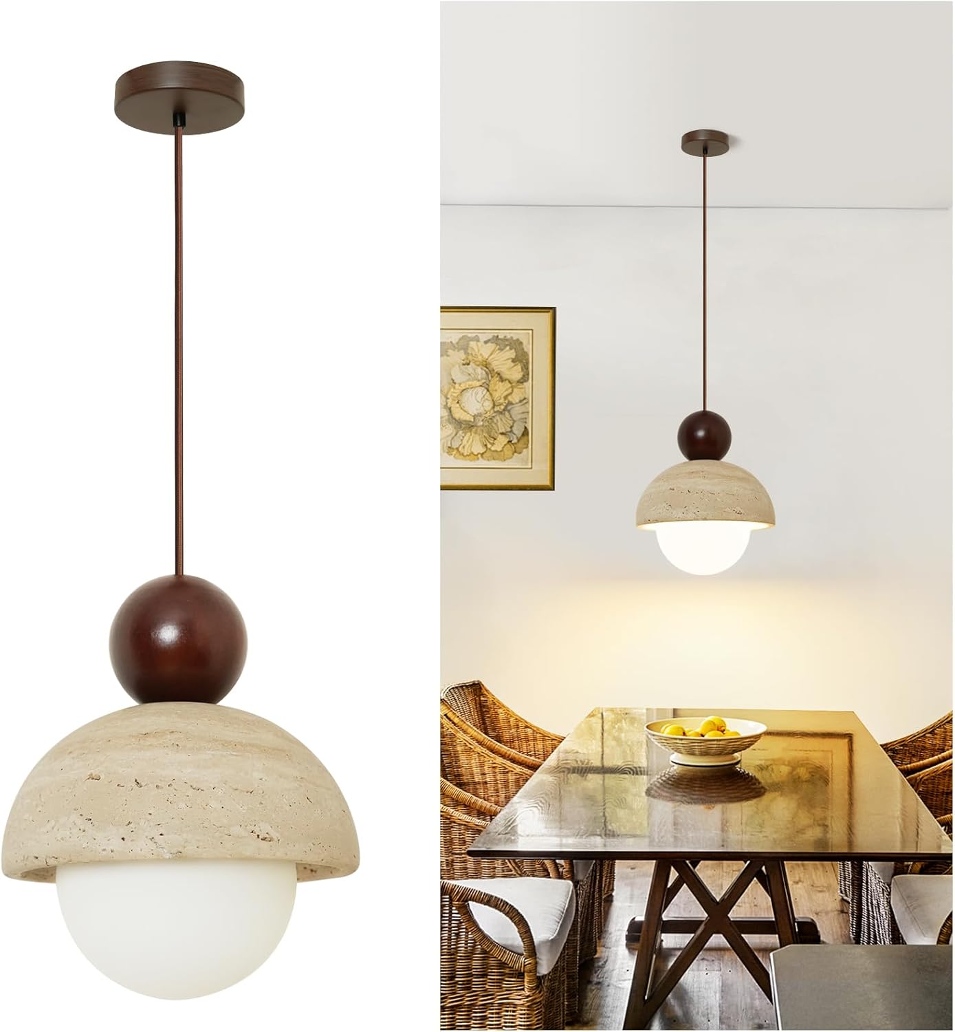 Japanese Light Fixture Wabi-Sabi Style Natural Yellow Travertine Pendant Light with Glass and Solid Wood, Mini Hanging Light Fixture for Kitchen Island, Dining Room, Bedroom, Compatible with G9 Bulb