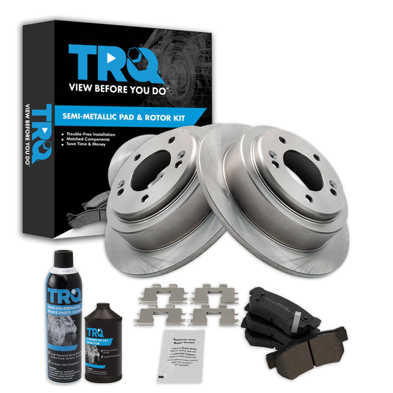 TRQ Rear Brake Pad &amp; Rotor Kit, with Chemical Kit Semi-Metallic Compatible with 2004-2006 Kia Amanti