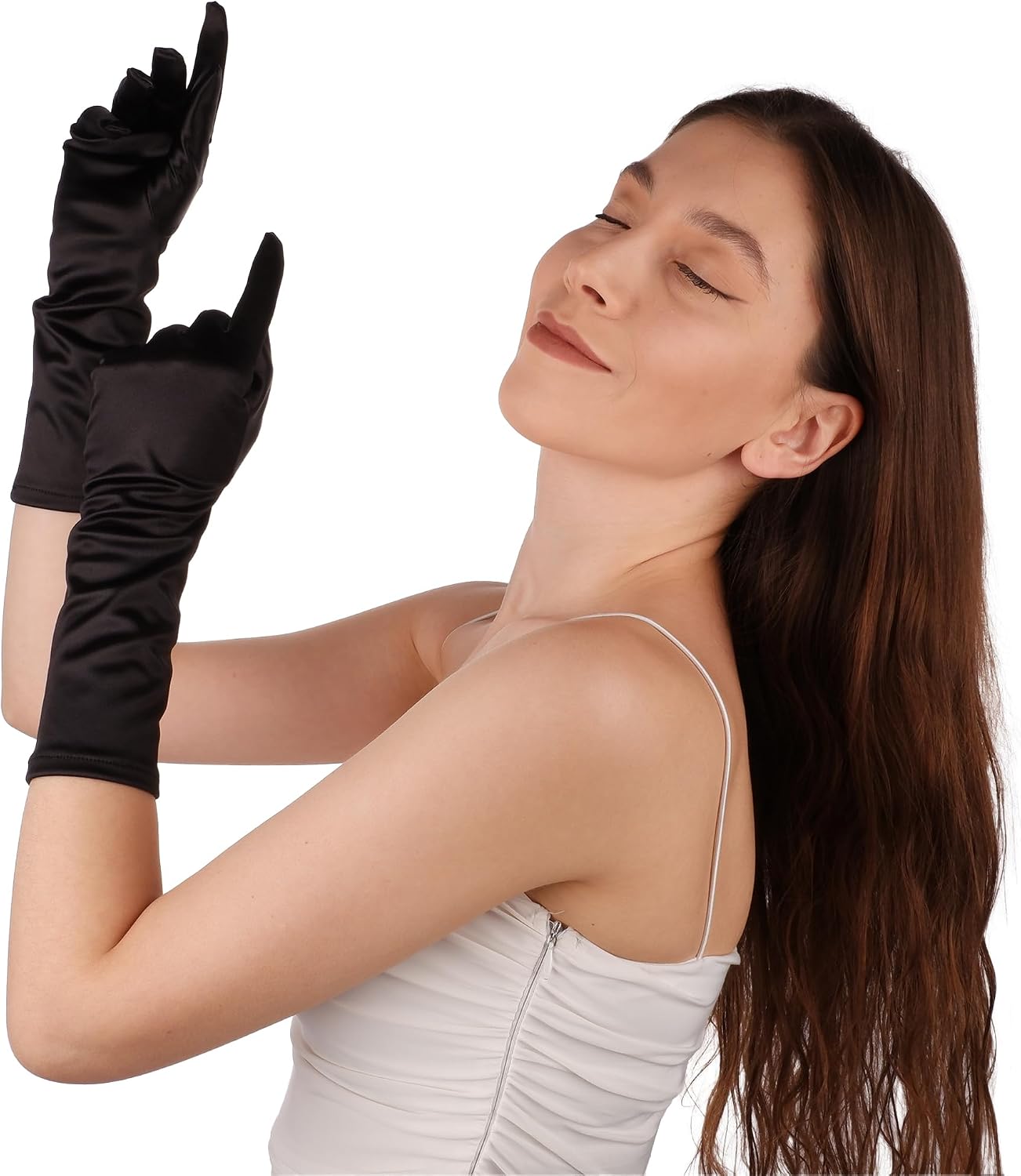 LIMELIA Handmade Satin Formal Gloves for Women, Black, Medium (14 Inches)