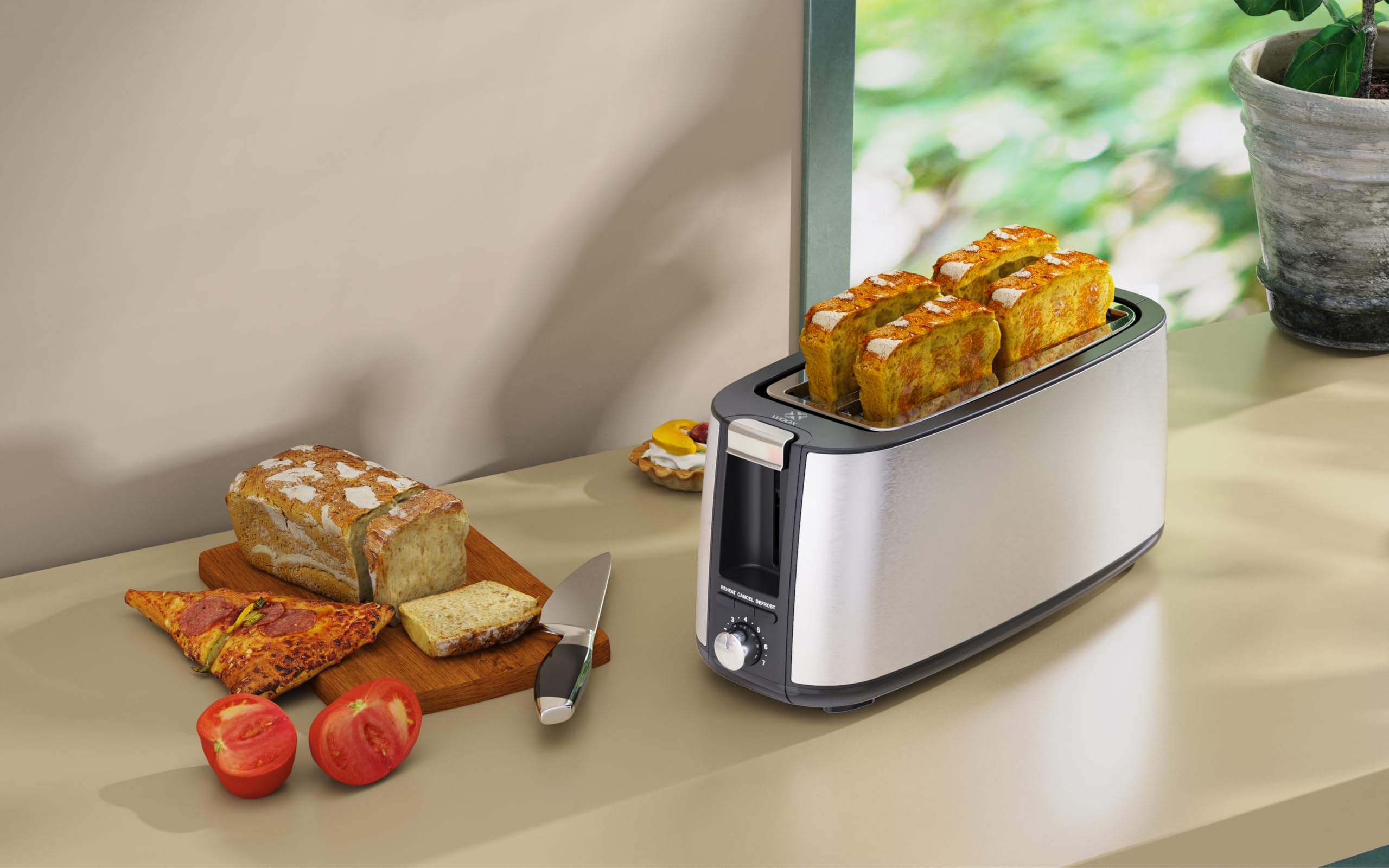 WOOX Tostador 4 rebanadas con cajón de migas extraíble, ranuras largas, función recalentar y recrispado, 7 niveles de tostado, 1400W, tostador acero inoxidable mate - Pan tostado, bagels y gofres