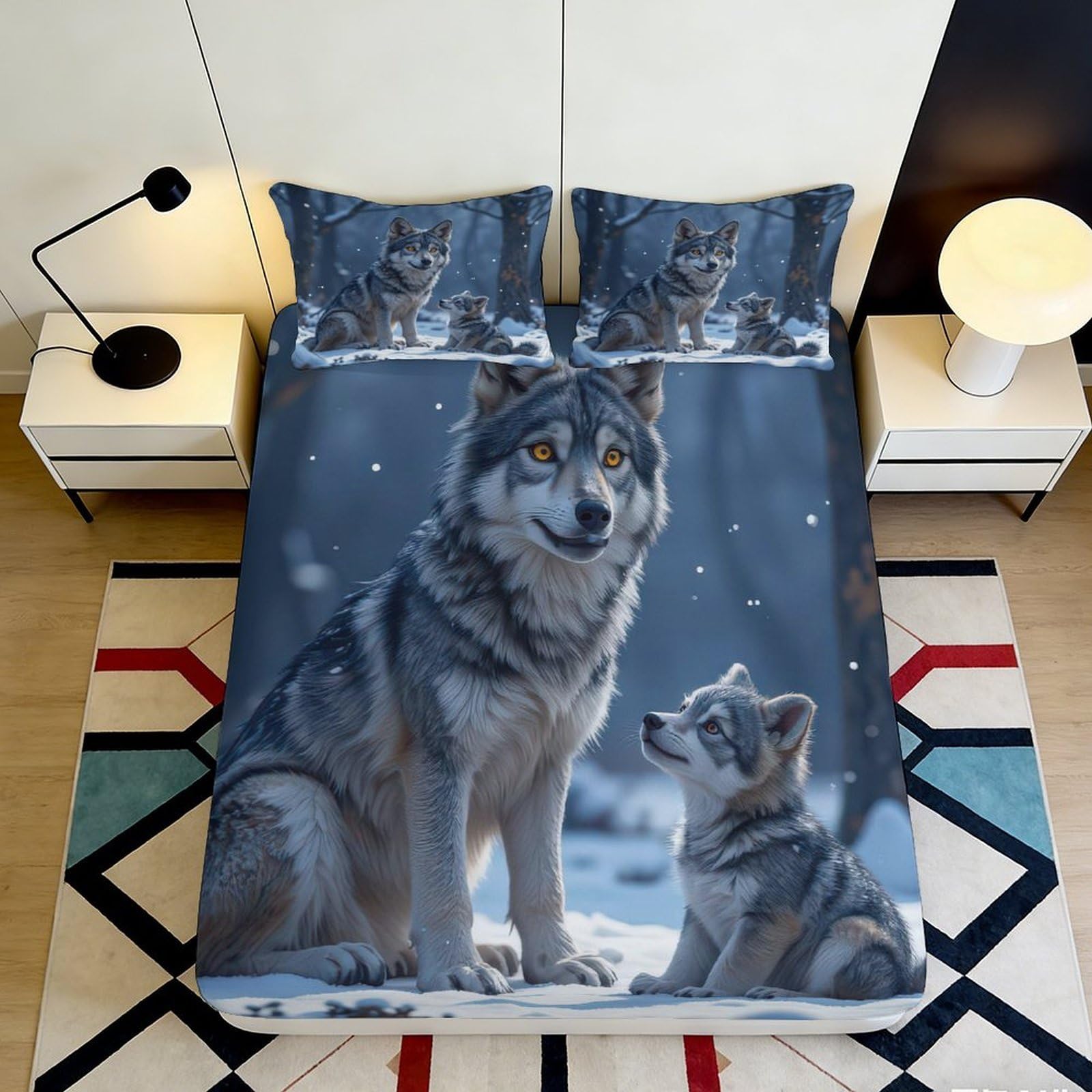 Jqzkxnhpbr Style-6 3D Printed Wolf Family Fitted Sheet Microfiber Soft Bedroom Decor Snow Forest Mattress Cover For Adults Teens 90X200x25cm