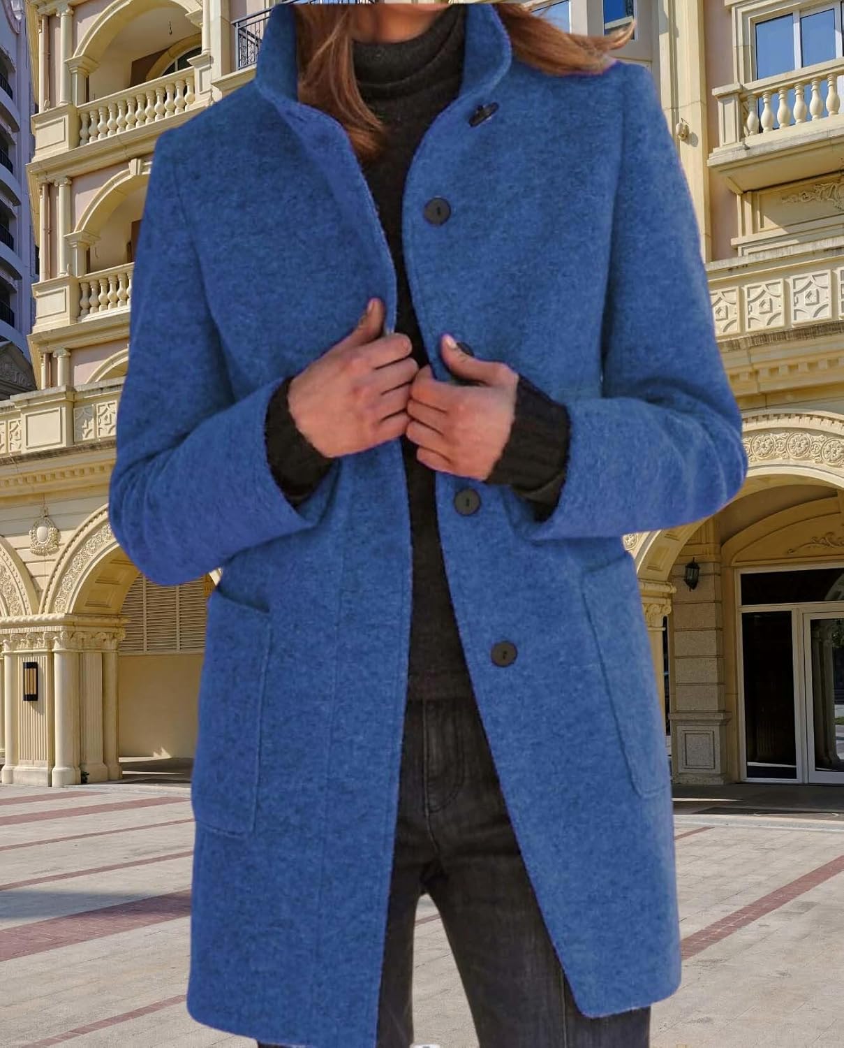 Womens Winter Long Vintage Solid Color Coat Wool Blend Standing Collar Button Thickened Jacket - Image 3