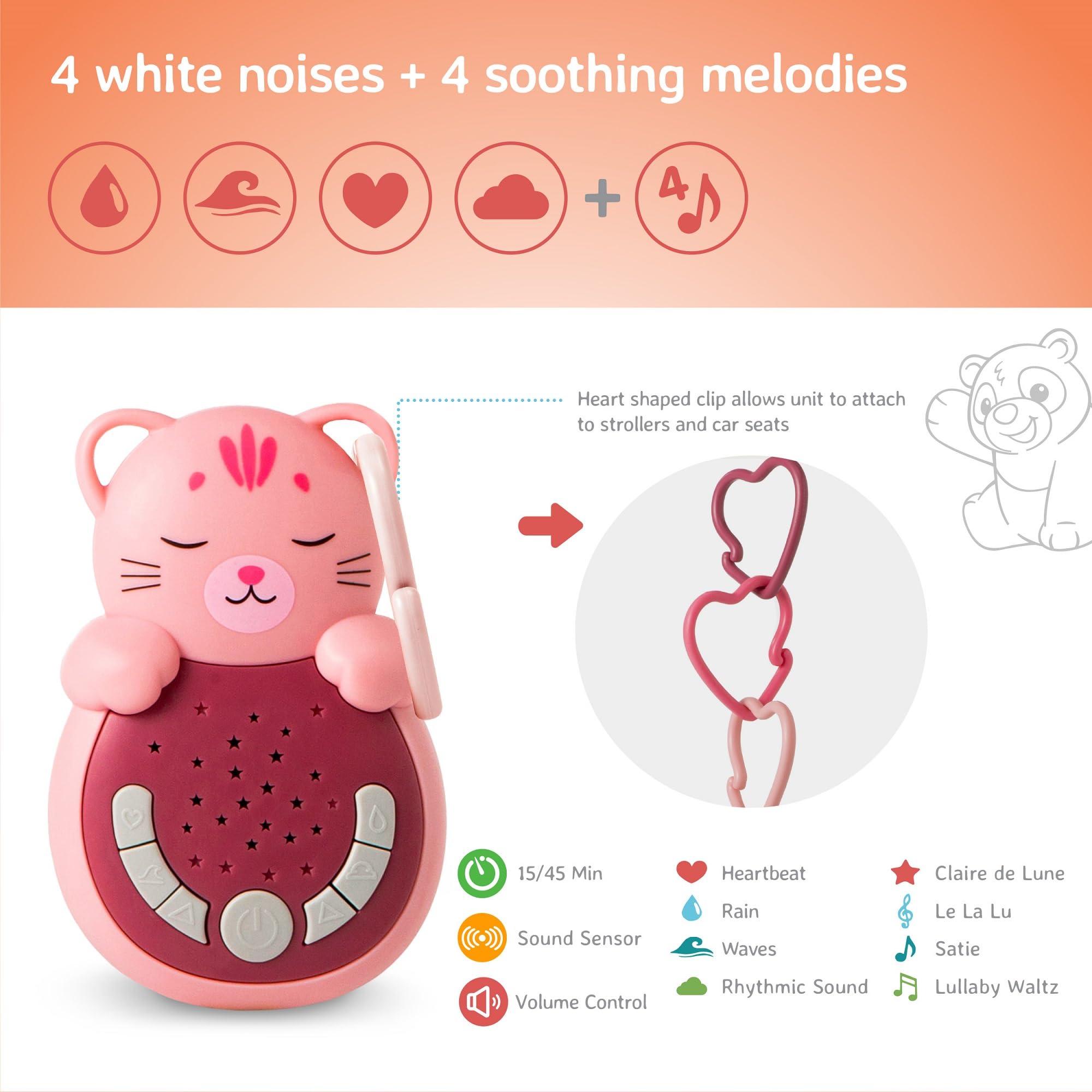 Cloud b Sweet Dreamz On The Go | Macchina del Suono da Viaggio con Luce Calmante | 4 Rumori Bianchi & Ninne Nanne Rilassanti | Sensore Smart Riattivante & Bagliore Soffice |Aiuto Sonno Neonato| Gatto