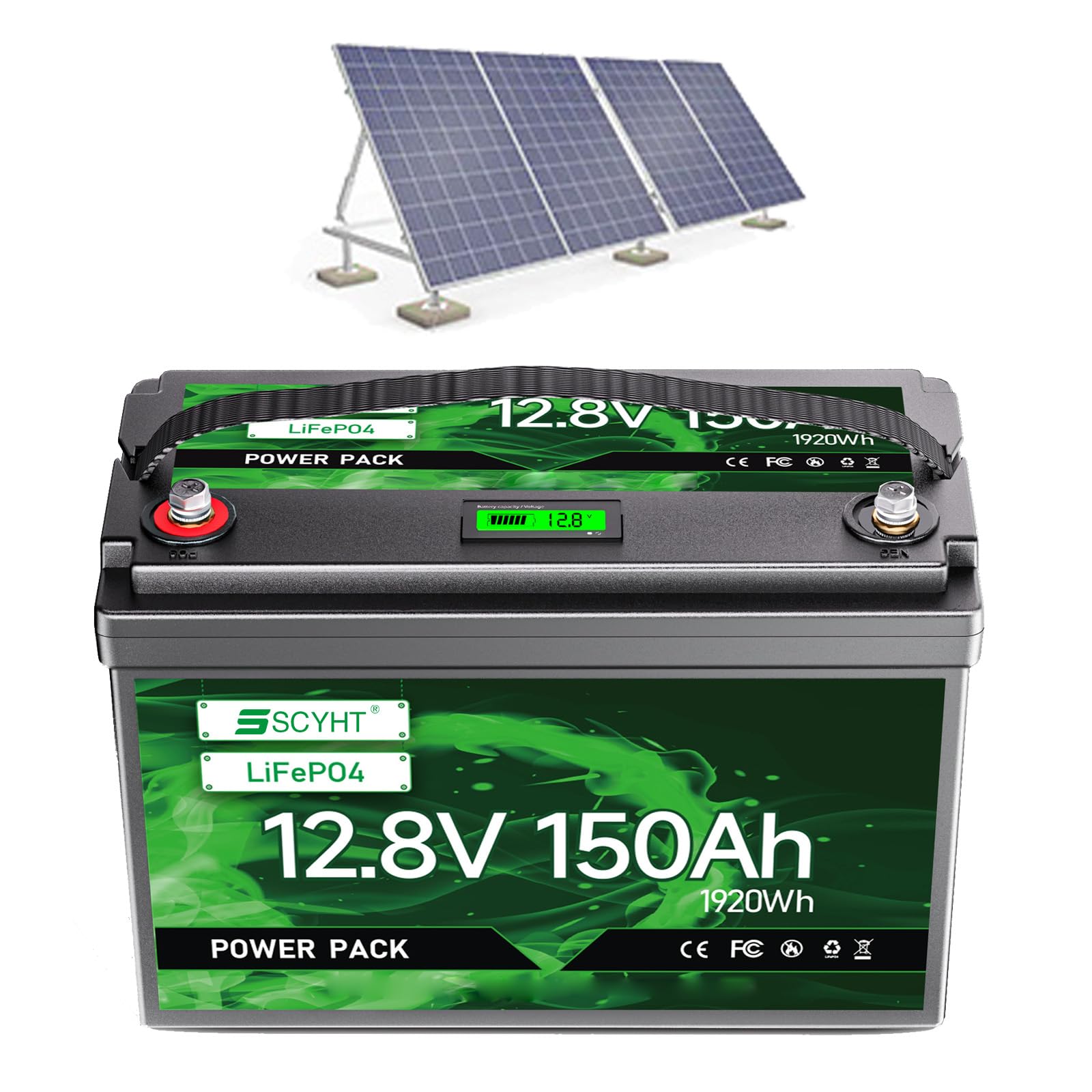 Batería repuesto 12,8 V Batería litio 150 Ah Baterías de iones de litio 12,8 V y 150 Ah Baterías LiFePO4 para energía solar para motores 250 W a 2000 W con BMS y pantalla