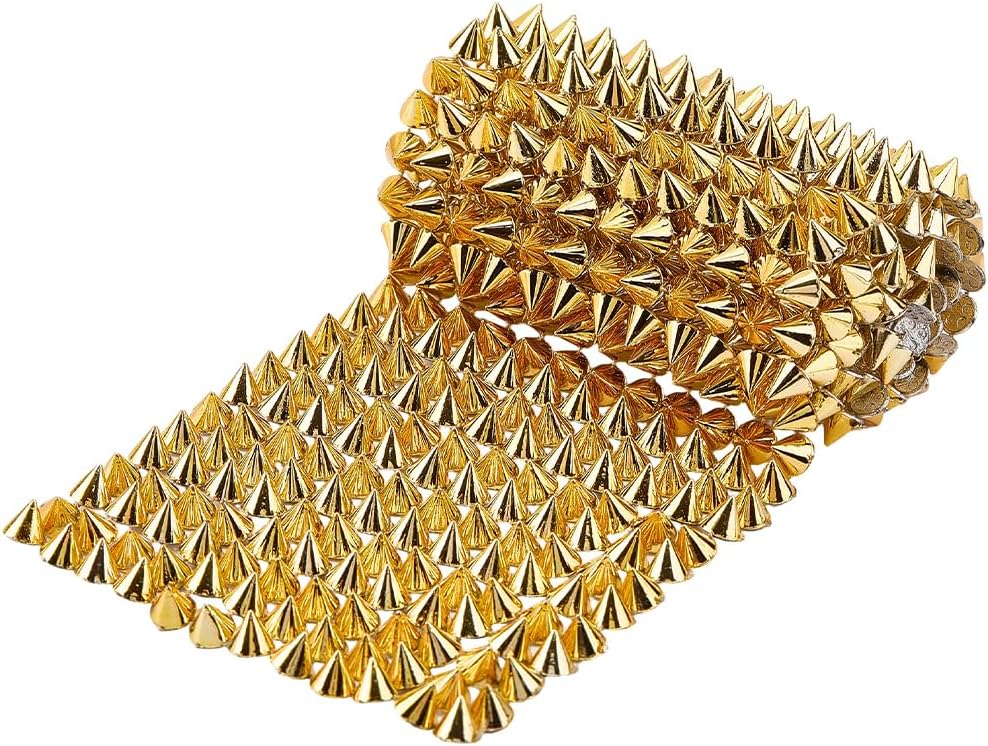 CRASPIRE Sew Stitch on Spikes Stud Cone 12Rows Plastic Gold Mesh Bead Trim Glue On Rivets Studs Flatback Spike 0.5 Yard for Punk Rock Clothing Shoes Wedding Arts Belt Bags Crafts Jewelry Decoration