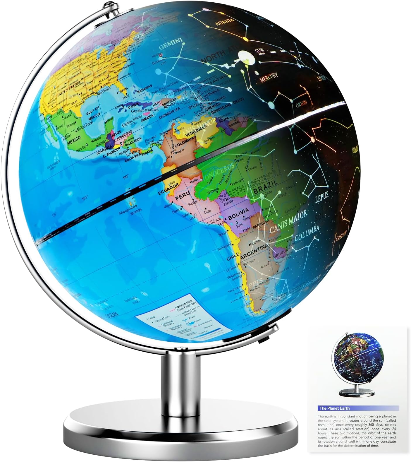 8'' Illuminated World Globe with Constellation Night Light, Educational Light Up Globe for Kids & Adults, Earth Geography Learning Globes, Desk Home Office Classroom Decor & Gift, 11.5'' Tall