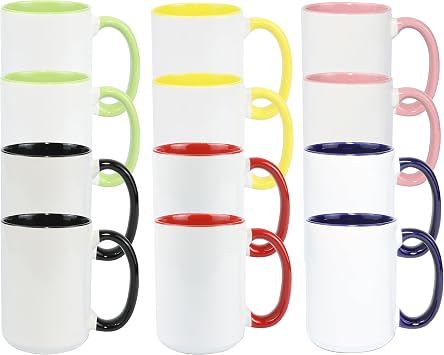 Ceramic 15oz Sublimation Coffee Mug, 6 Assorted Colors Option #1, Case of 12