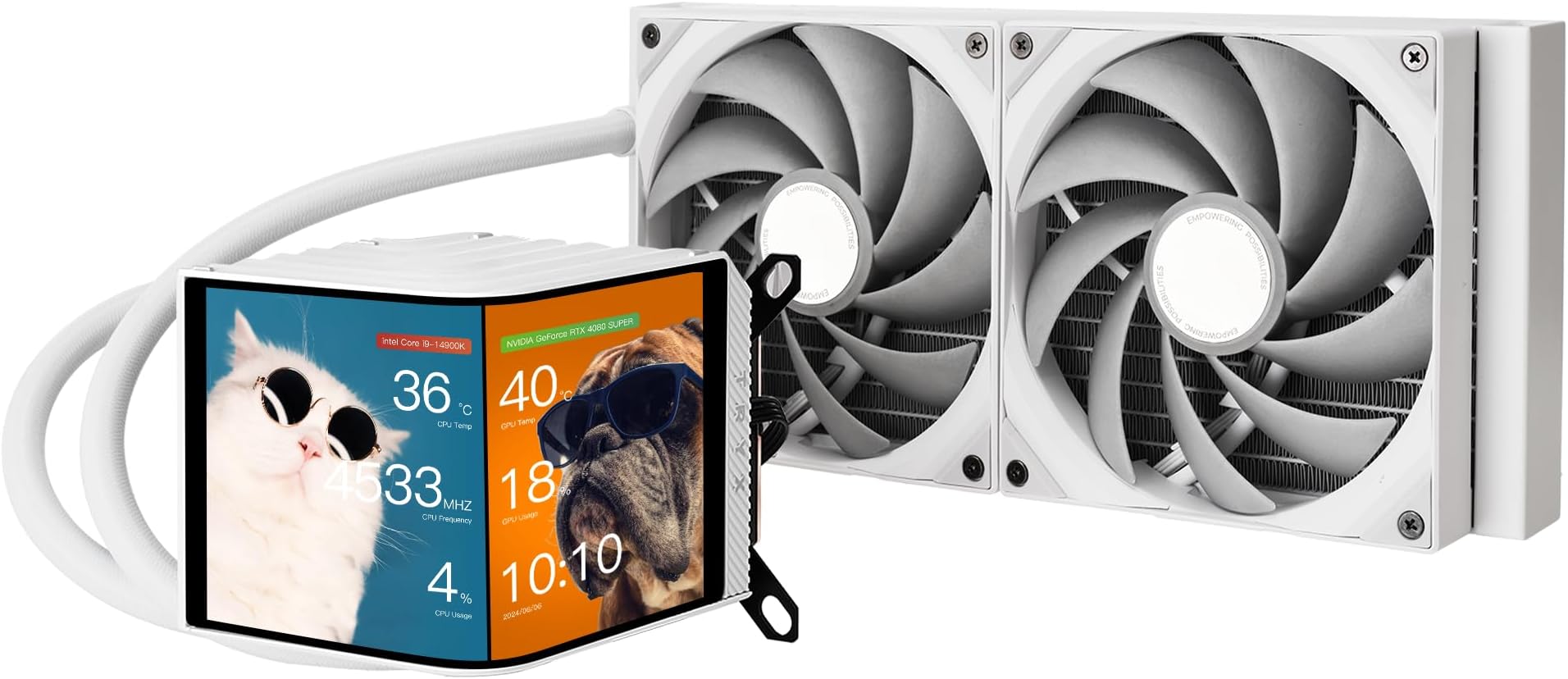 TRYX Panorama 280 White 280mm AIO 6.67'' AMOLED L-Shaped Screen 3D Anamorphic Effect Display Customizable AIO Cooler 280mm 8th Gen Asetek Pump 300w TDP ROTA PRO 140mm Fan LGA 1700/1200/115X AM5/AM4