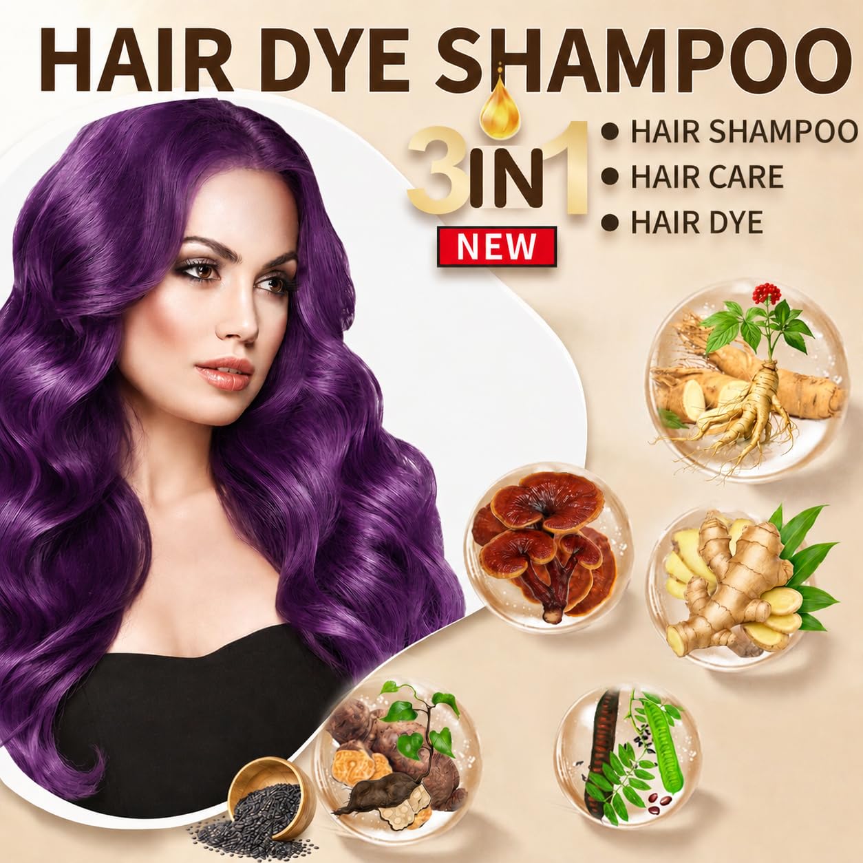 Purple Hair Dye Shampoo 3 w 1, szampon do farbowania włosów, fioletowy do siwych włosów, natychmiastowy szampon do farbowania włosów, dla mężczyzn i kobiet (500 ml)