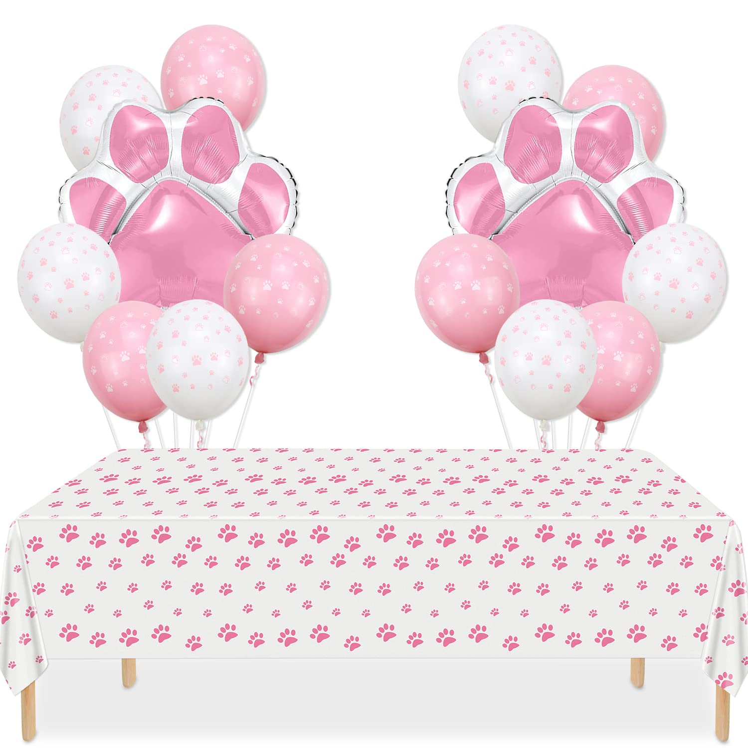 Dog Party Decorations - 3Pcs Pink Puppy Paw Tablecloths, 12Pcs Dog and Cat Paw Balloons, Paw Pattern Disposable Table Cover for Dog Cat Themed Birthday Party Supplies