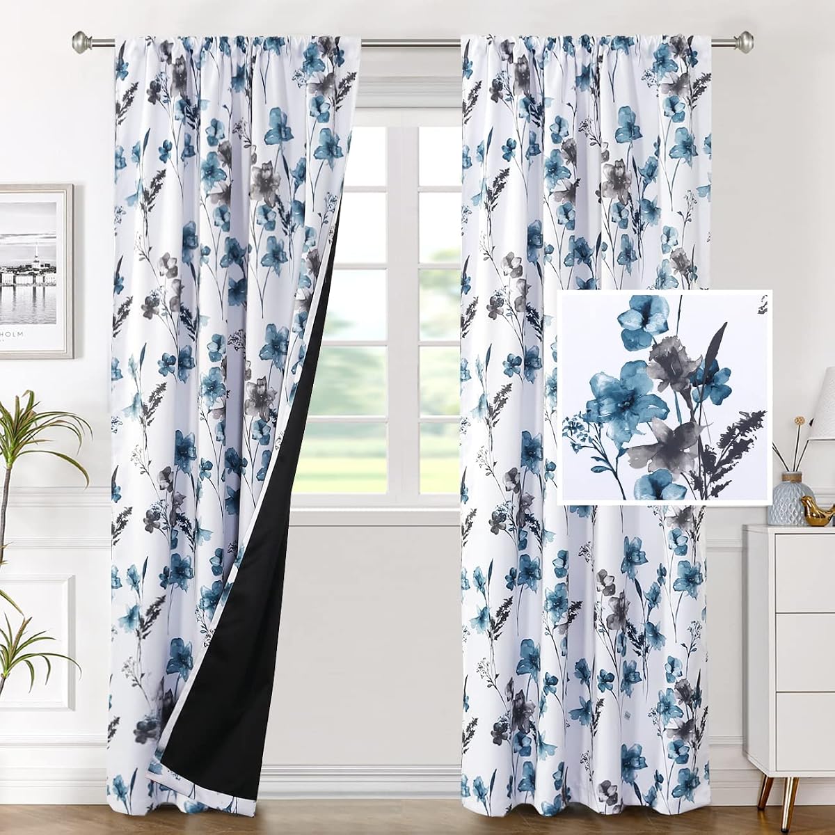 H.VERSAILTEX 100% Blackout Curtains for Bedroom Cattleya Floral Printed Drapes 84 Inches Long Leah Floral Pattern Full Light Blocking Drapes with Black Liner Rod Pocket 2 Panels, Grey/Blue | Room Darkening, Rod Pocket, Thermal Insulated, Cattleya Floral Light Blocking Curtains for Living Room, 52"W x 84"L, 2 Panels
