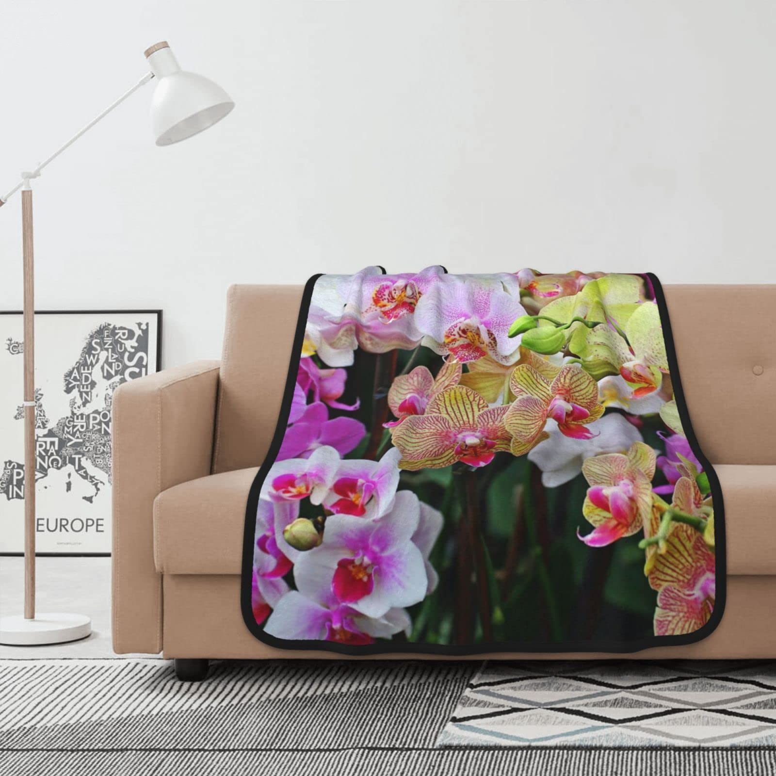 Couverture orchidées en flanelle supérieure, jeté de lit doux et chaud