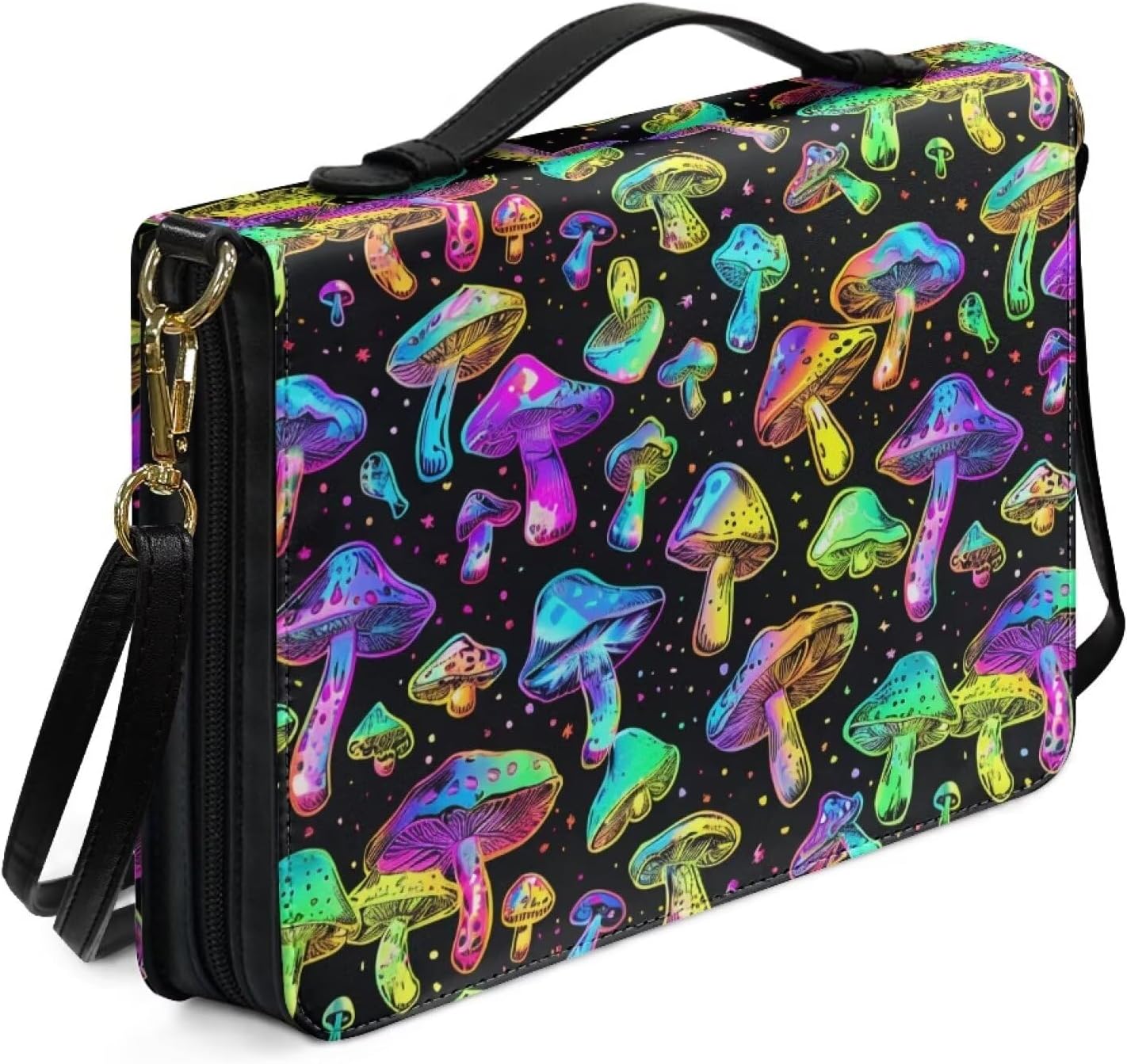 Colorful Mushrooms M Leather Bible Cover with Bookmark and Book Fixing Straps Book Cover Holds & Protects Study Accessories Supplies Wonderful Gift for Your Family and Friends