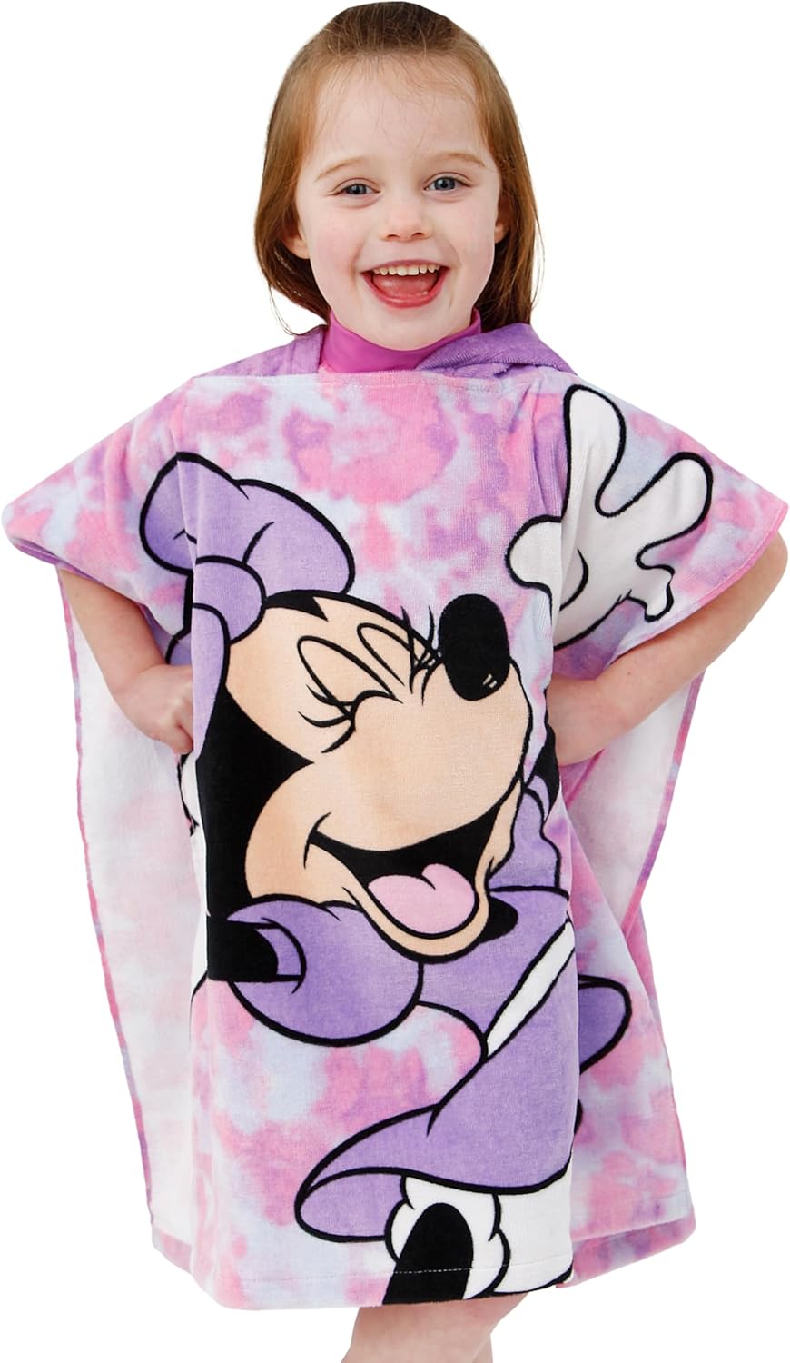 Disney Minnie Mouse Hooded Towel | Minnie Mouse Towel Poncho with 3D Ears and Bow | Girls Beach Towels| One Size Pink