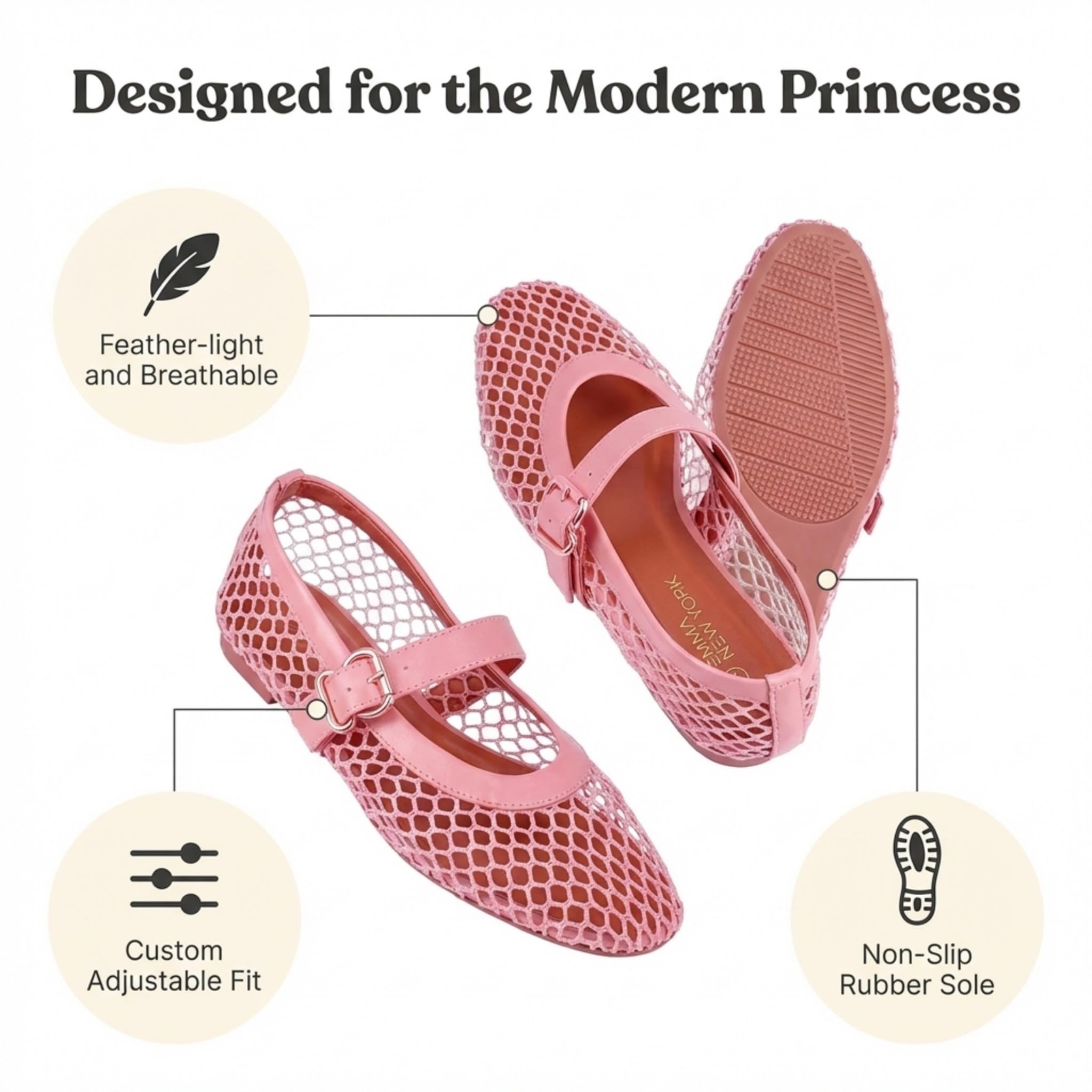 EMMA NEW YORK Women's Mesh Ballet Flats - Fishnet Mary Jane Flats with Adjustable Buckle Strap, Breathable & Stylish Ballerina Shoes (Pink, 8)