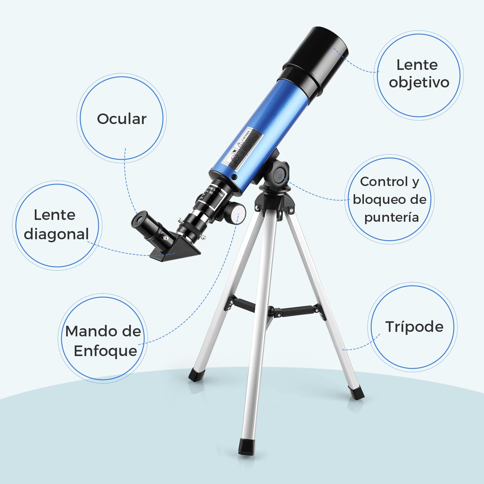 Cowiewie Telescopio para niños 50/360mm Partir de 6 años y Principiantes, Despertar el interés por la astronomía, Telescopio portátil con trípode