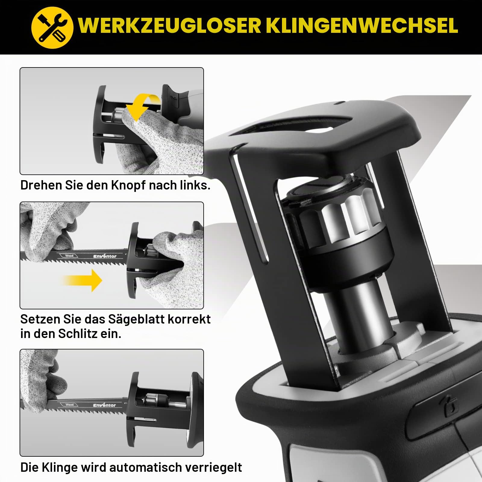 Akku Säbelsäge 20V, ENVENTOR Bürstenlos Kabellose Reciprosäge mit 6 Sägeblätter, Hublänge 15mm, Variabler Drehzahl von 0-3000 RPM, Schneidleistung 65mm (Holz), 8mm(Aluminium), mit 2000mAh Batterien