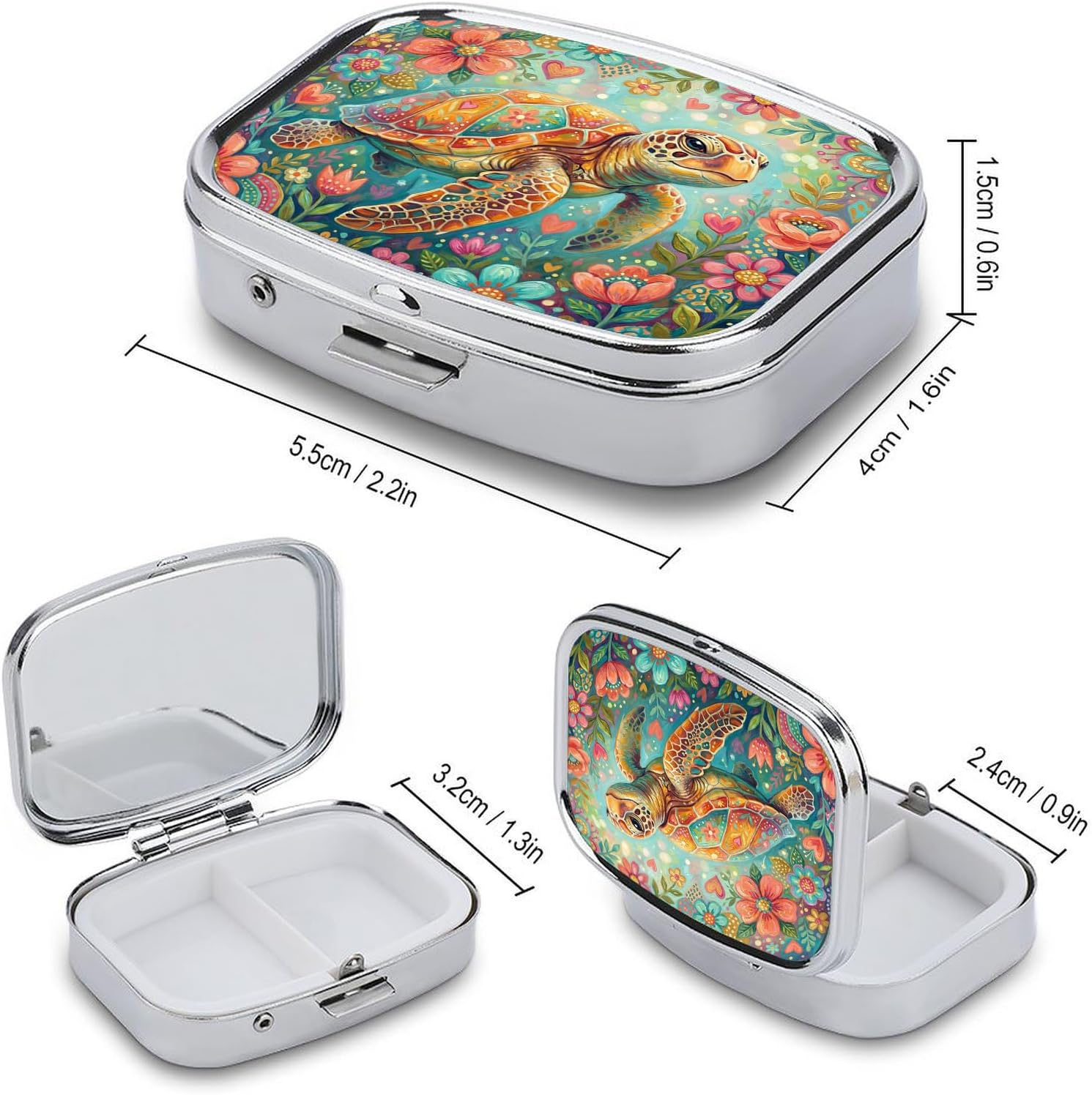 Metal 2 Compartment Pill Organizer, Portable Travel Pill Box for Vitamins, Supplements and Medication, Compact Pocket Pill Case for Purse, Wallet, Backpack and Daily Use (Turtle) image 2