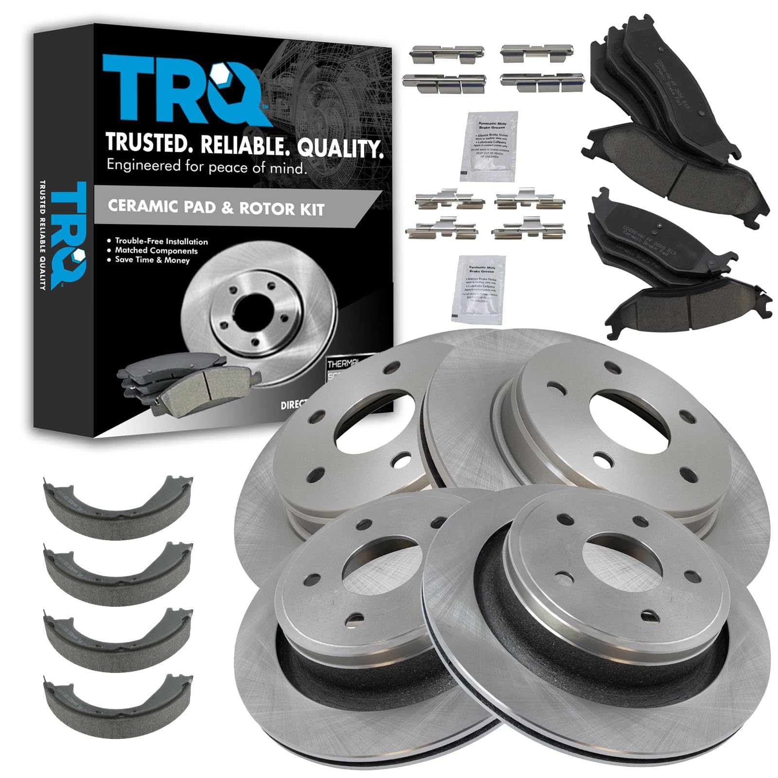 TRQ Front and Rear Brake Pad & Rotor Kit Brake Pads Brake Rotor Parking Brake Shoe Set Ceramic Compatible with 2005-2006 Dodge Durango 2003-2005 Ram