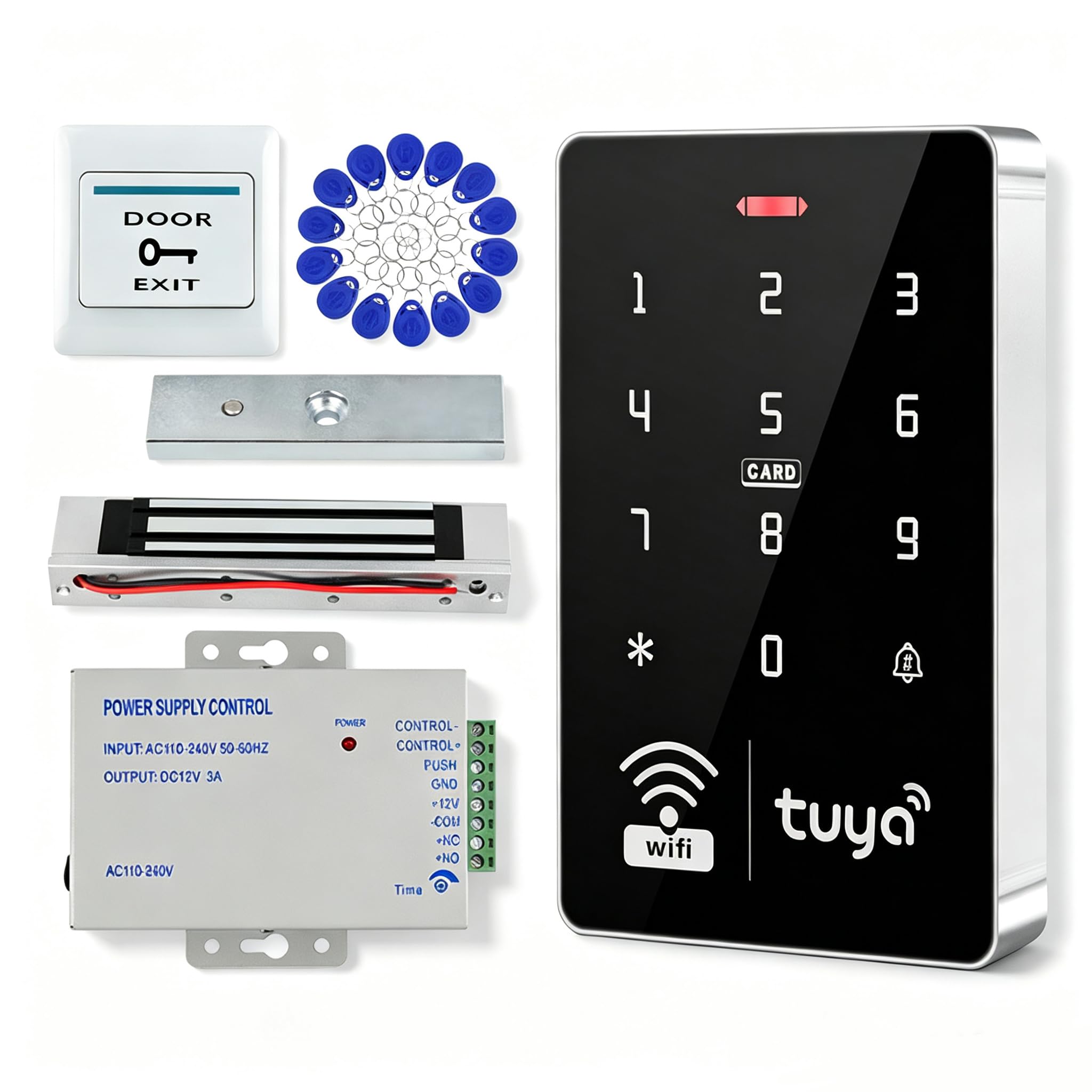 Kit contrôle d'accès Intelligent TUYA WiFi, Serrure magnétique 280 kg | Clavier IP68, 3 modes : APP, PIN ou carte, contrôle à distance, bouton sortie, +10 badges, maison/bureau/appartement