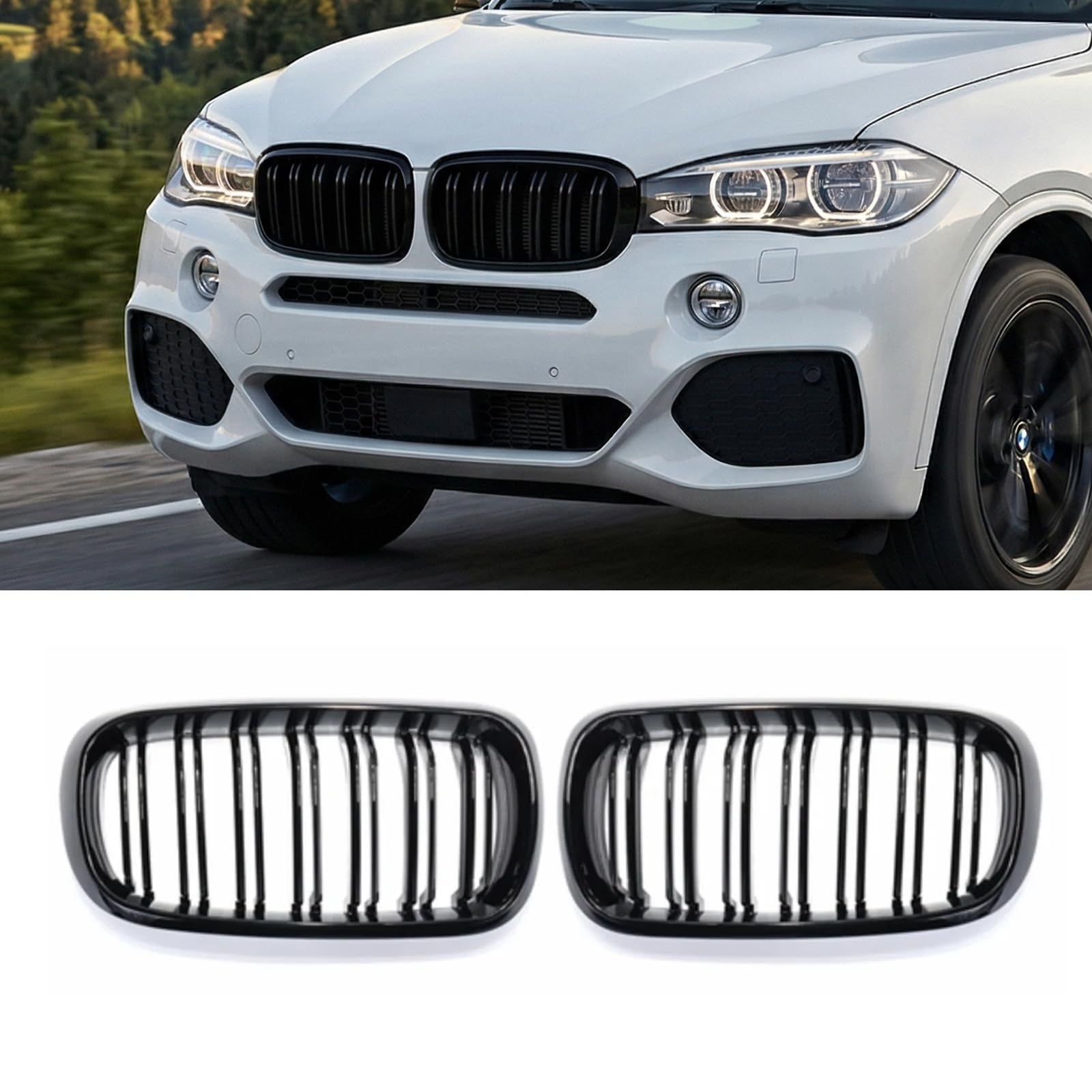 Front Kidney Grille Replacement Compatible with BMW X5 F15 & X6 F16 (2015-2019), Gloss Black Double Slat Upper Bumper Grill Fit for X5M F85 X6M F86, ABS (F15 (2014-2018), Double Slats/Gloss Black)