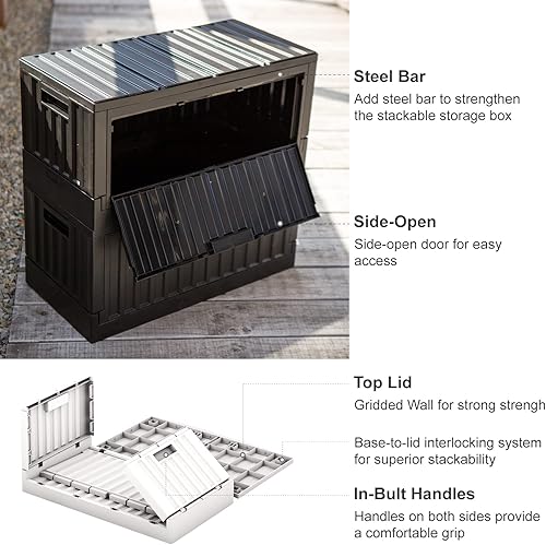 Miniatura 5 de livinbox Contenedores plegables apilables de 45 L para almacenamiento, contenedores de almacenamiento plegables con tapas y puertas laterales