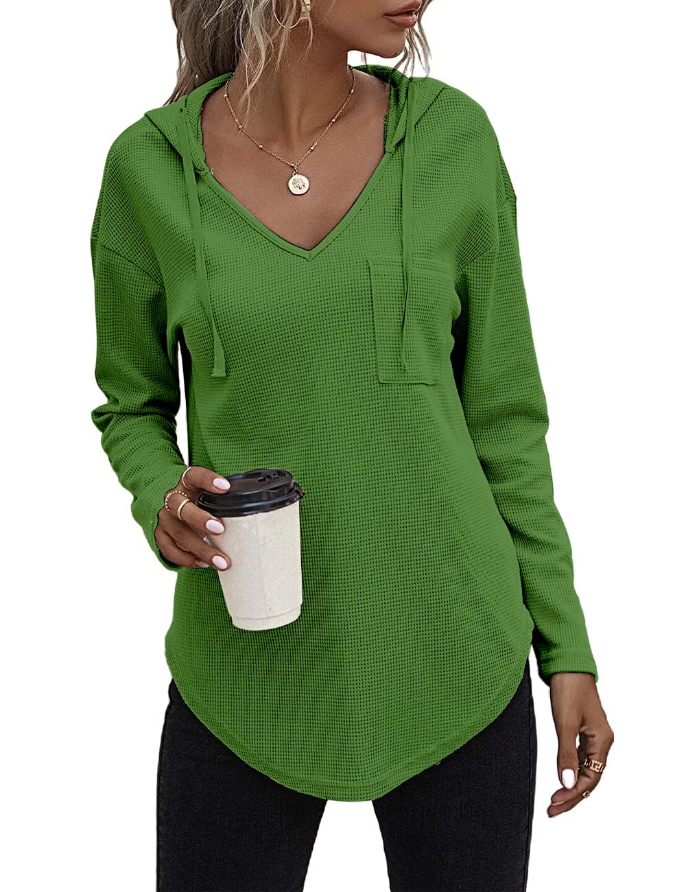 Cuptacc Felpa Donna con Cappuccio 2024 Maglione Scollo A V Autunno Maglia Manica Lunga Camicia Elegante