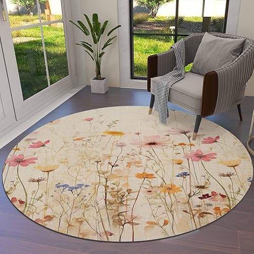Botanical Wildflower Round Area Rug 5ft,Washable Carpet Runner Rug for Bedroom,K
