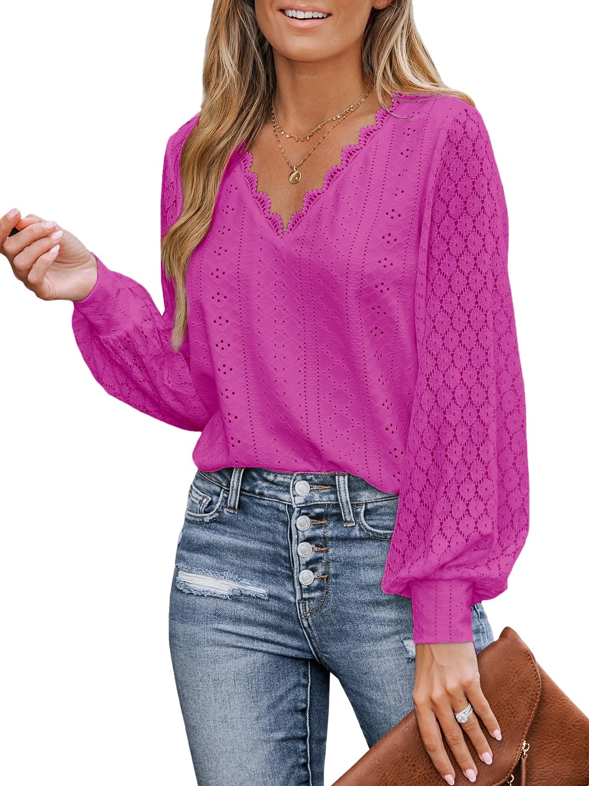 CUPSHE Damen Blusen V-Ausschnitt Spitzen Wellenkante Puffärmel Langarmshirt Lässige Lace Oberteile Tunika Bluse Tops