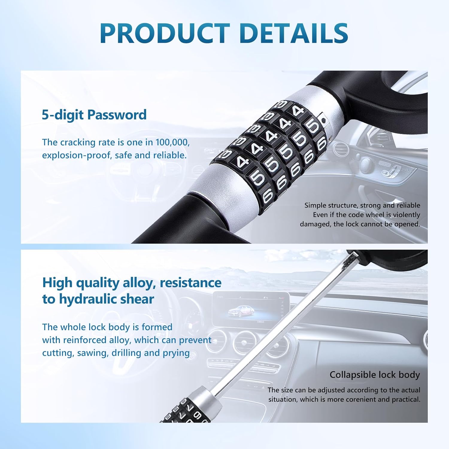 Youngly Steering Wheel Lock, Heavy Duty Keyless Password Anti-Theft Lock, Retractable Car Security Lock for Vehicle Truck SUV Van