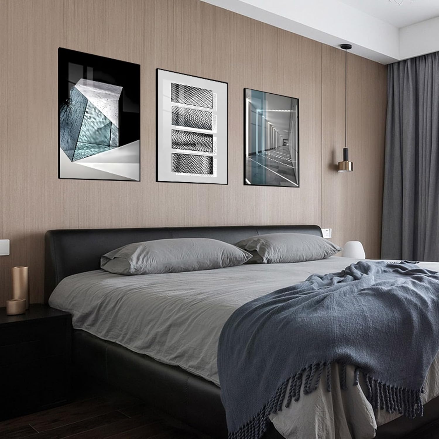 ARTFEB Modern Abstract Wall Art Set, Geometric and Architecture Prints, Black Framed Blue Wall Decor for Living Room Bedroom Office,24 x 32 inches,3 Pieces