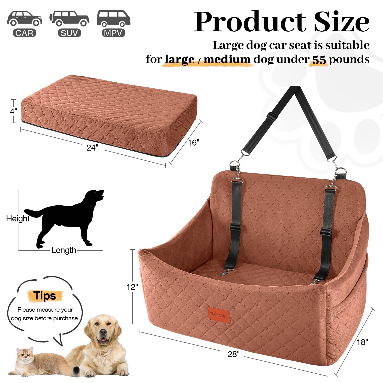 Wooaidagg Asiento de Coche para Perros de hasta 55 Libras, fácil de Instalar, súper Suave y Relleno de Espuma viscoelástica, Totalmente Desmontable y Lavable (marrón, Grande)
