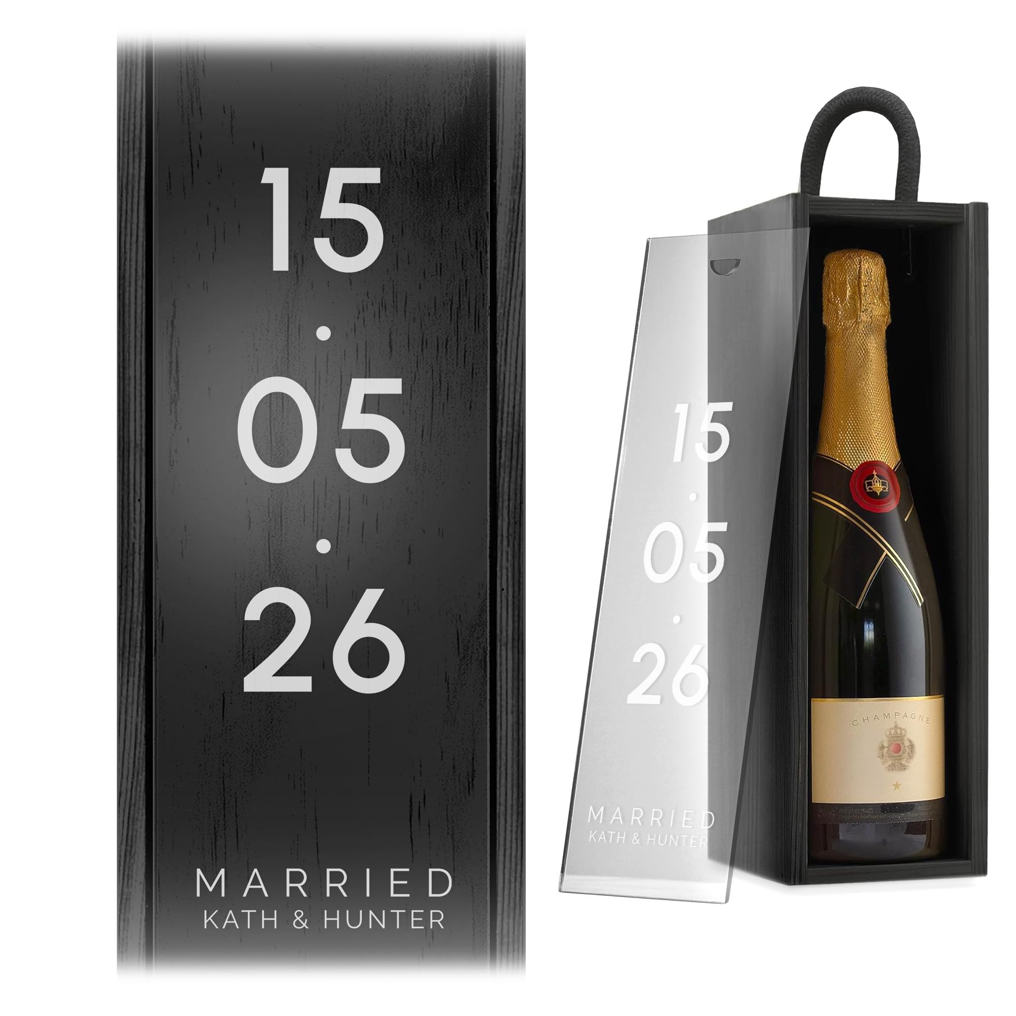 A1 Graphics Ltd Black Box/Clear Lid Custom Date Wine Gift Box Engagement Custom Printed Personalised Wedding Present Retirement Valentines Anniversary Engagement Gift ()