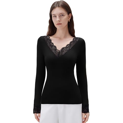 SUUKSESS Cloud Cashmere Women Basic Tops V Neck Boat Neck Lace Long Sleeve Shirt