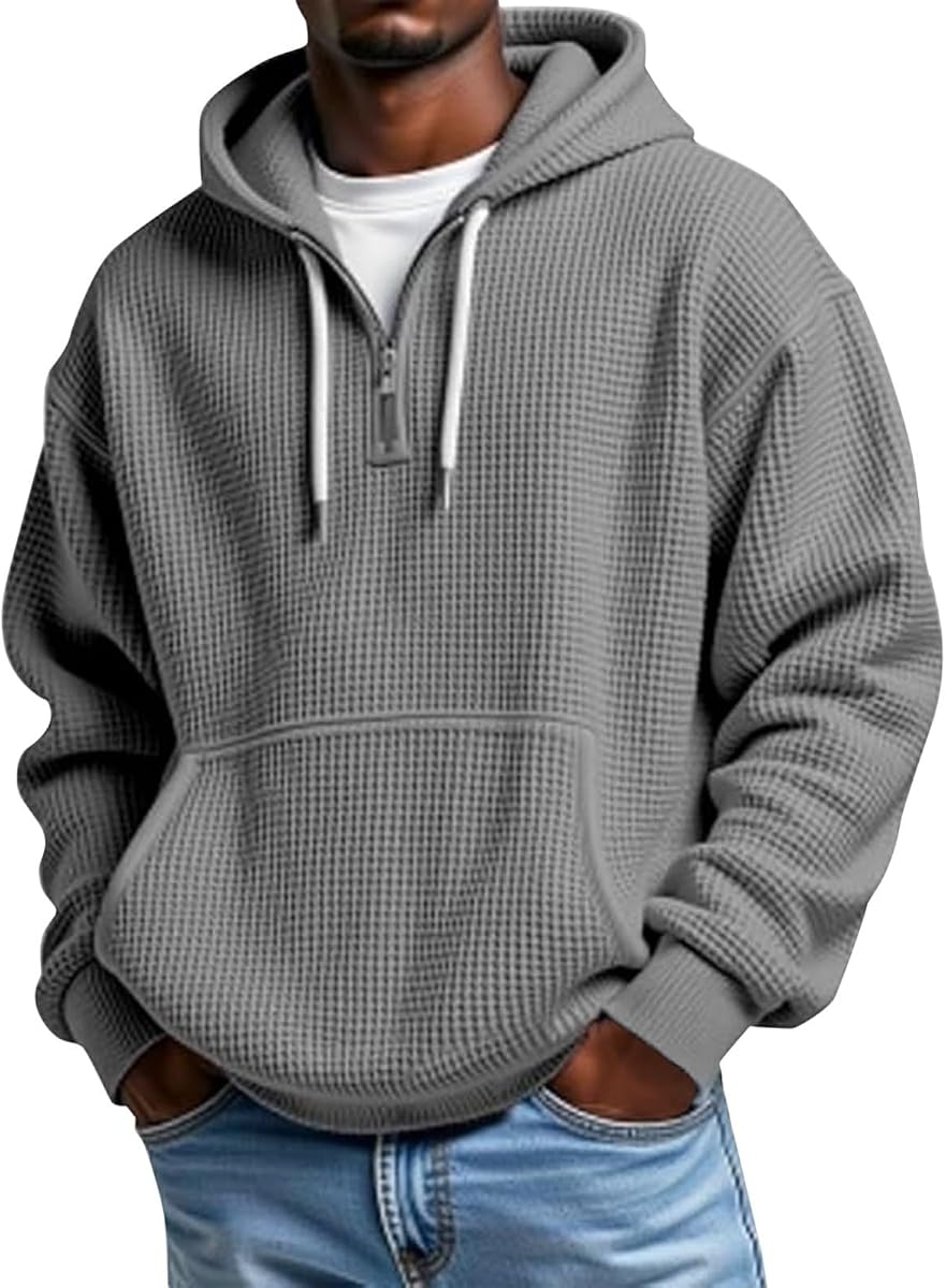 Mens Hoodies Pullover Quarter Zip Casaul Long Sleeve Drawstring Waffle Knit Hooded Sweatshirt with Pocket