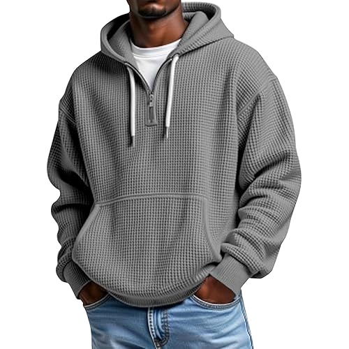 Mens Hoodies Pullover Quarter Zip Casaul Long Sleeve Drawstring Waffle