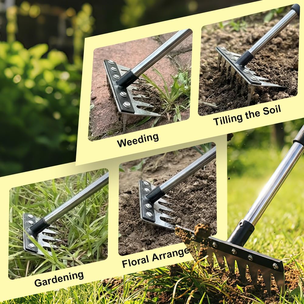 Garden Hand Rake 8-Teeth Carbon Steel with Telescopic Handle (16-65 inches), No Bending for Lawn, Yard & Patio Cleaning, Elderly Friendly (16–48 in)