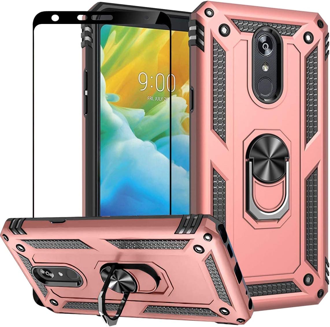EBESTAR for LG Stylo 5 Case, Armor Hybrid Heavy Duty Shockproof Defender Protective Back Cover 360 Rotating Kickstand Magnetic Ring Holder Case with Tempered Glass Screen Protector, Rose Gold