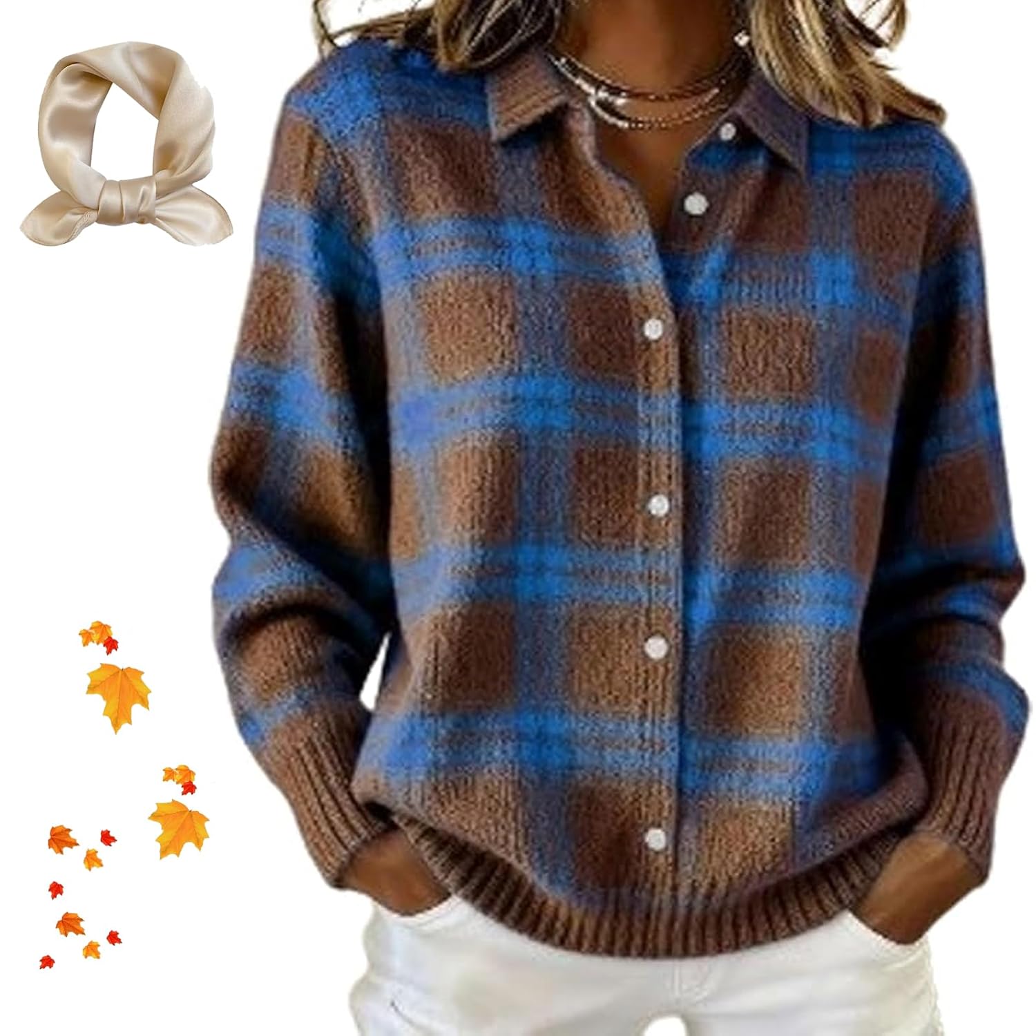 Womens Plaid Print Casual Cotton Buttoned Cardigan Sweater Button up Cardigan Knit Cardigans Fluffy Casual